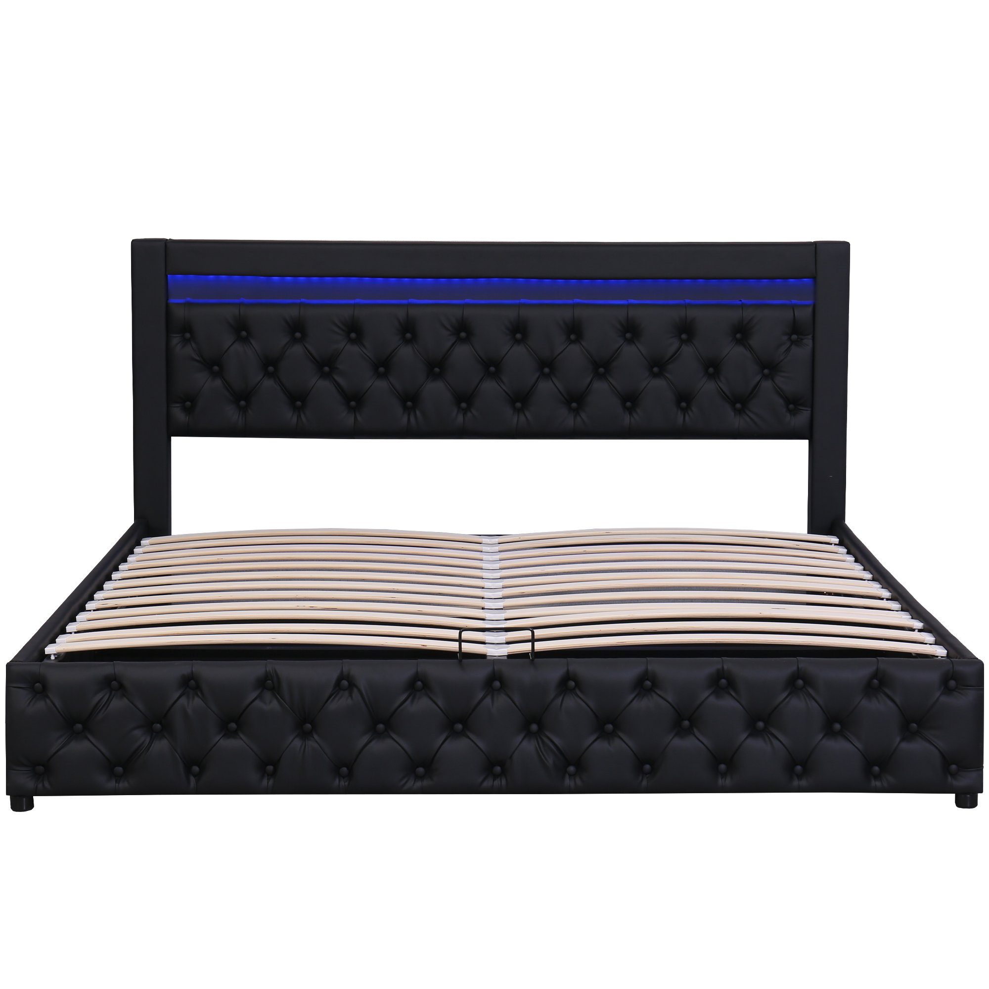 Flieks Polsterbett, LED-Beleuchtung Kunstleder Doppelbett Stauraum 180x200cm