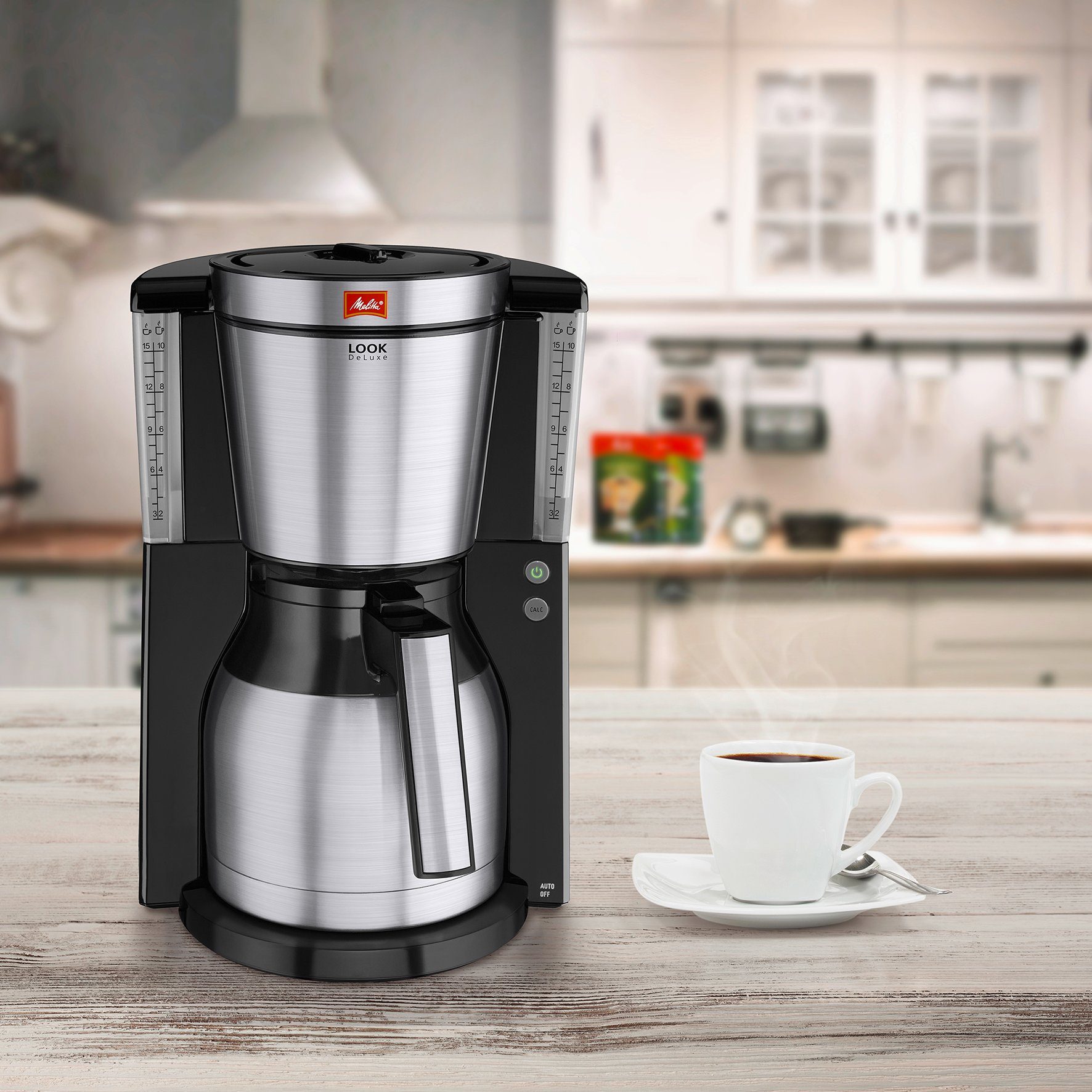 Melitta Filterkaffeemaschine Look Therm Deluxe 1011-14 Schwarz-Edelstahl, 1x4, mit Thermokanne