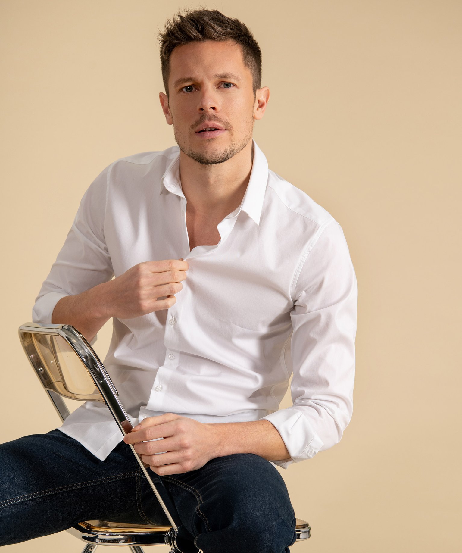 Chemise homme unie coupe slim en coton stretch blanc | GEMO