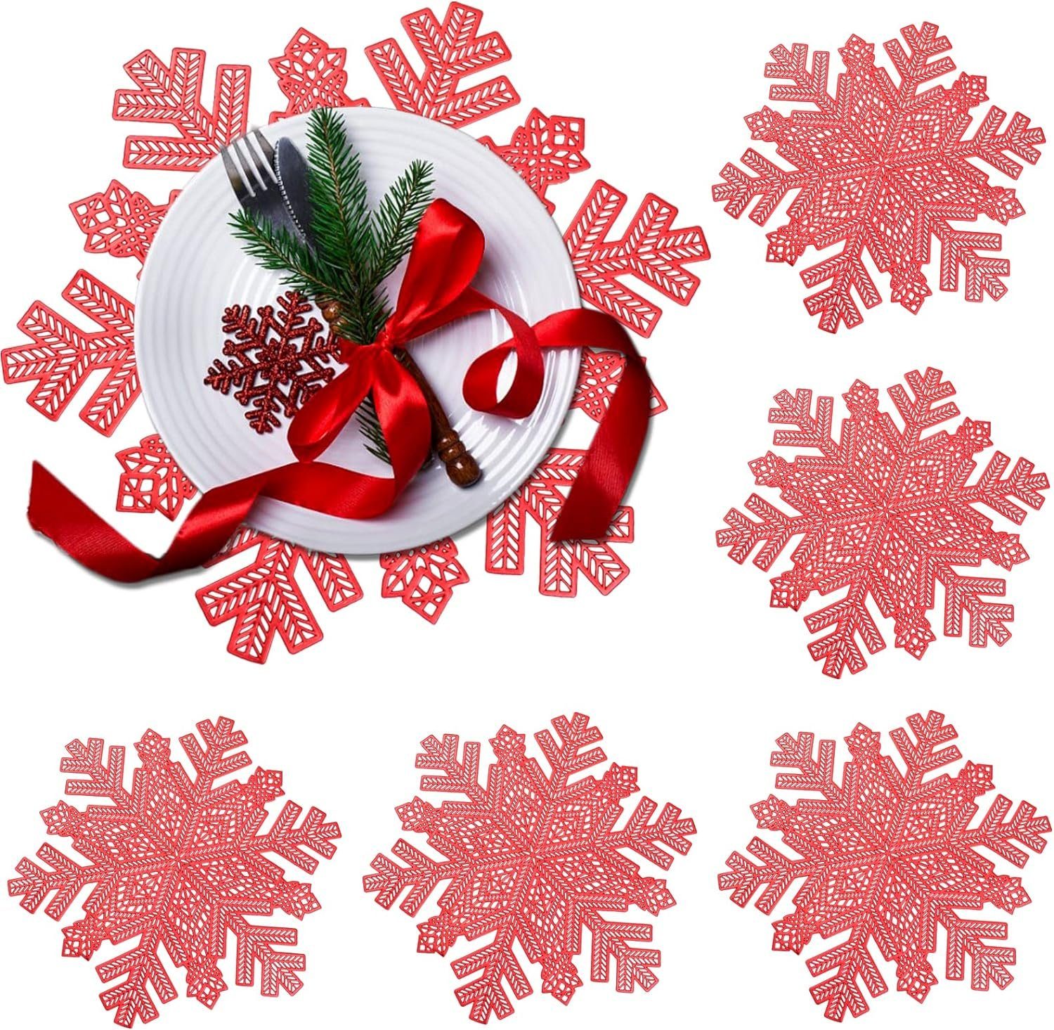 HIBNOPN Tischsitz Weihnachten Platzset Schneeflocken Wärmedämmung Rot 38cm 6er, (6-tlg)