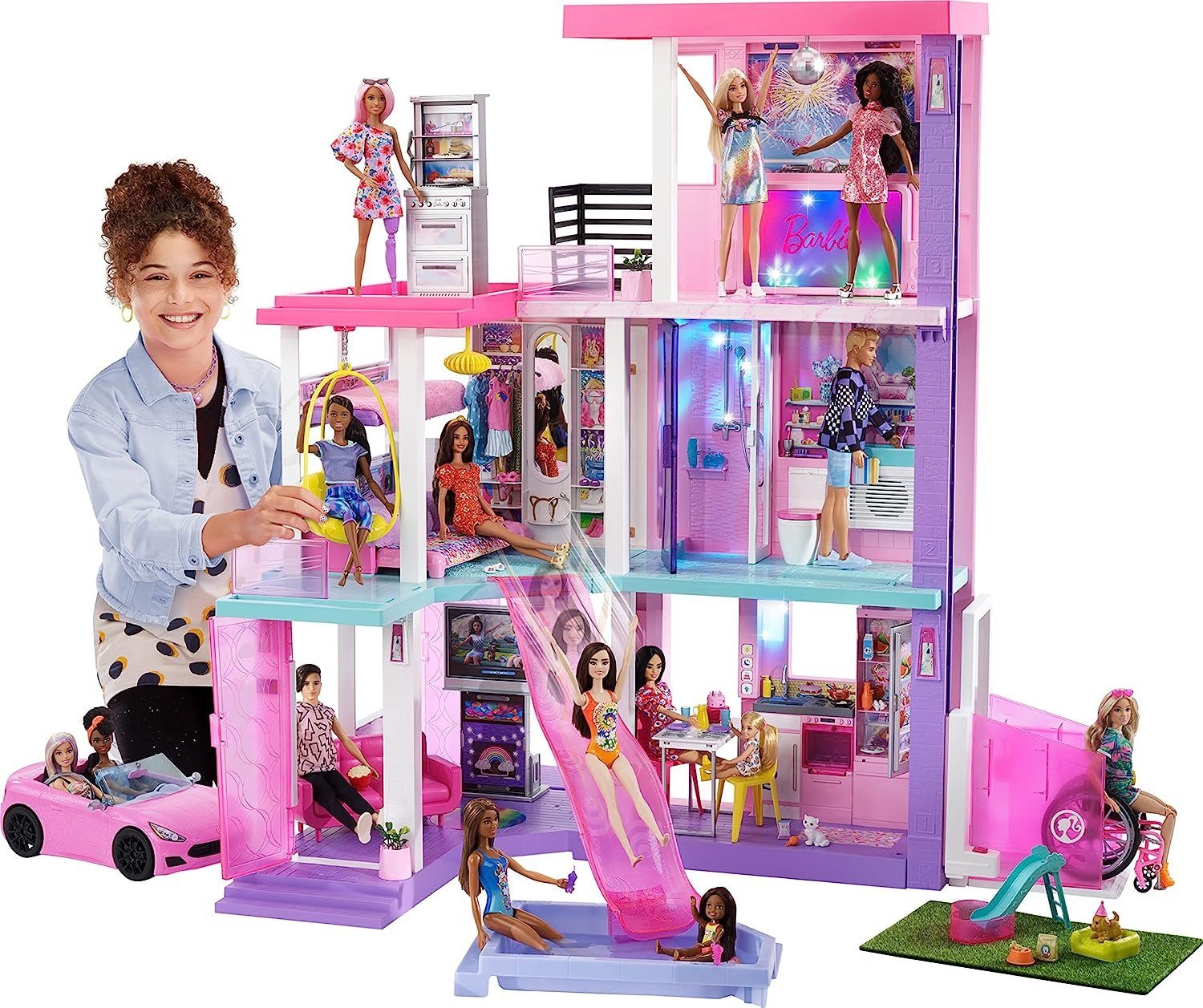 Barbie Puppenhaus Jubiläums Edition, 3-stöckiges Puppenhaus mit 6 Zimmern, Barbie-Pool, (Dreamhouse, Puppen Haus, Puppenhäuser, Set, mit Rutsche, 100-tlg., ab 3 jahren, Puppenvilla Dollhouse, Film, Beleuchtung), Puppenhaus Barbie xxl groß, The Movie,