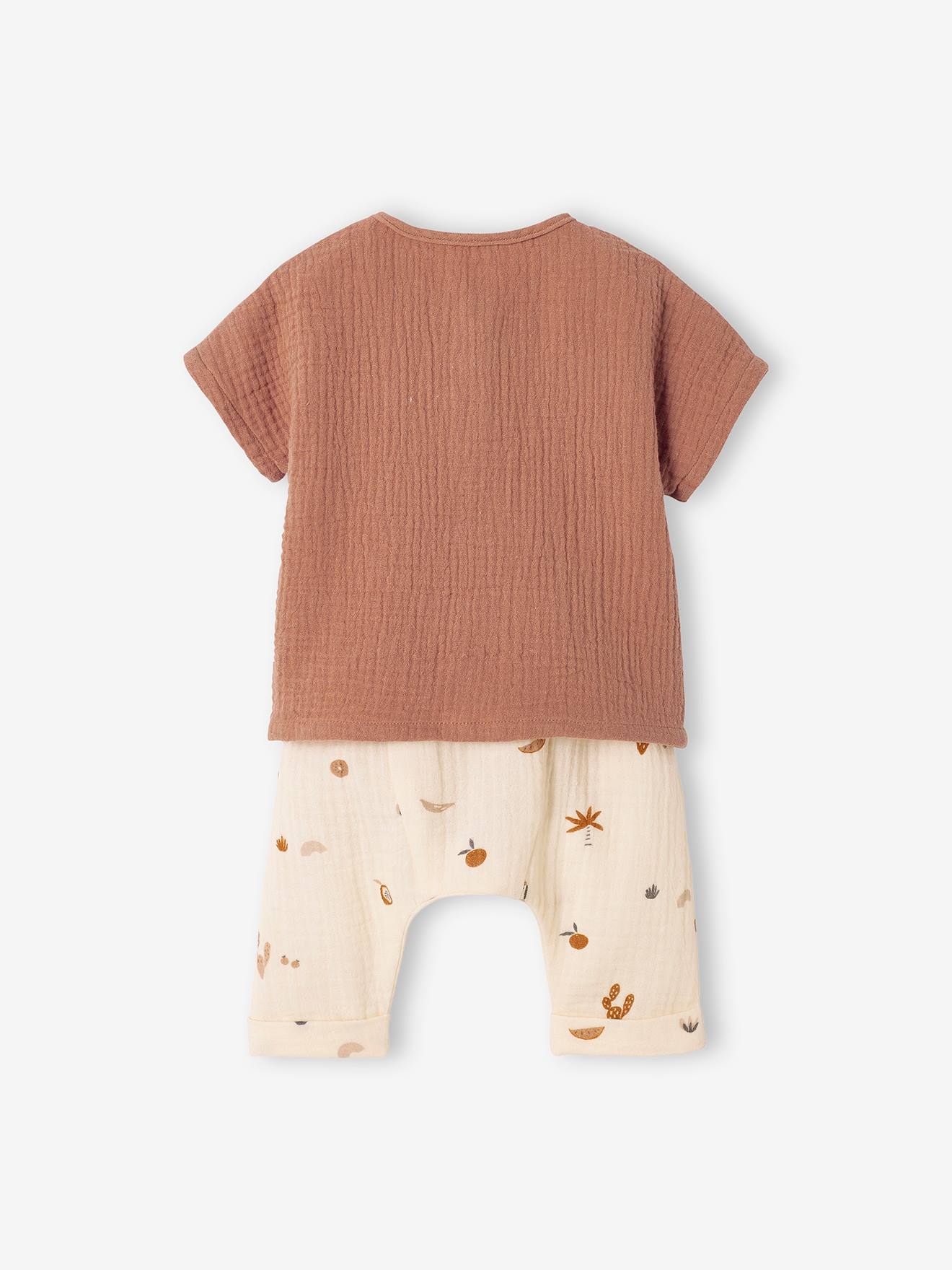 Ensemble bébé en gaze de coton tee-shirt + pantalon noix de pécan