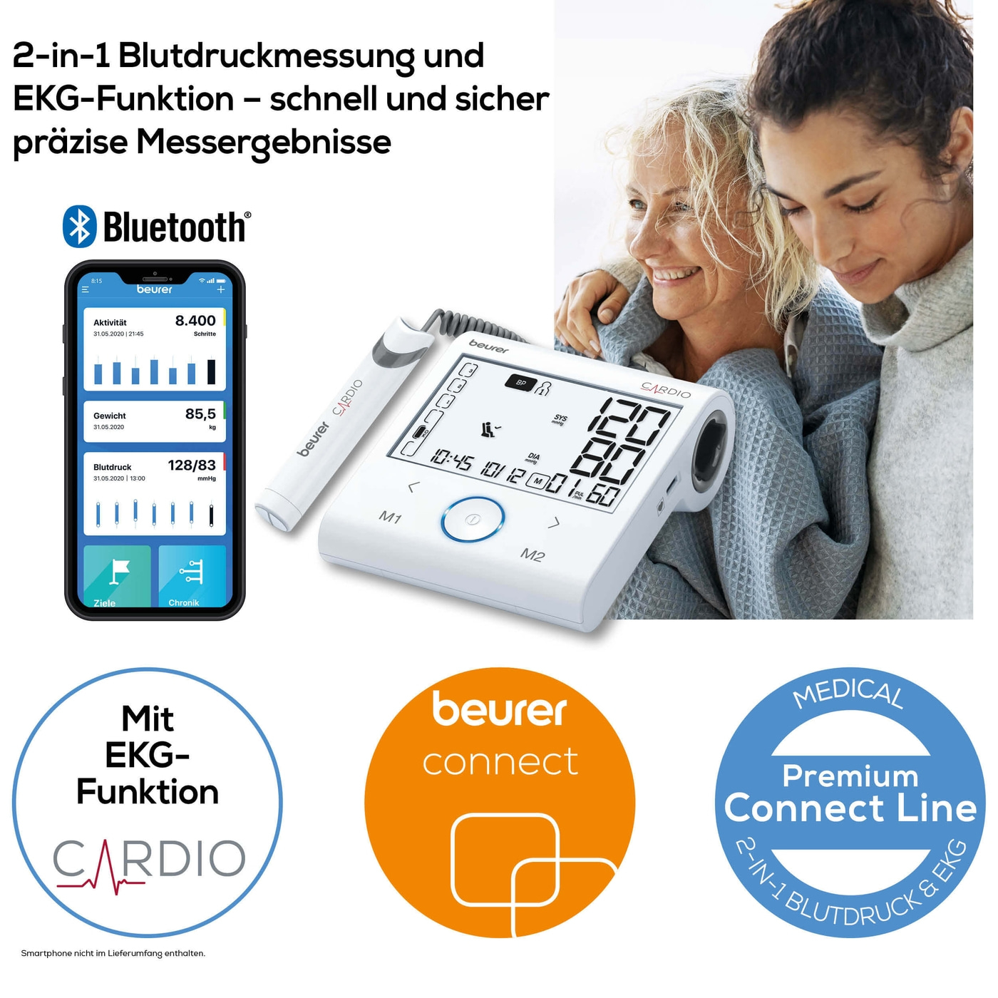Beurer Blutdruckmessgerät mit EKG-Funktion BM 96 Cardio-Bluetooth® Oberarm-Blutdruckmessgerät mit EKG-Stick & Cardio-App-Anbindung
