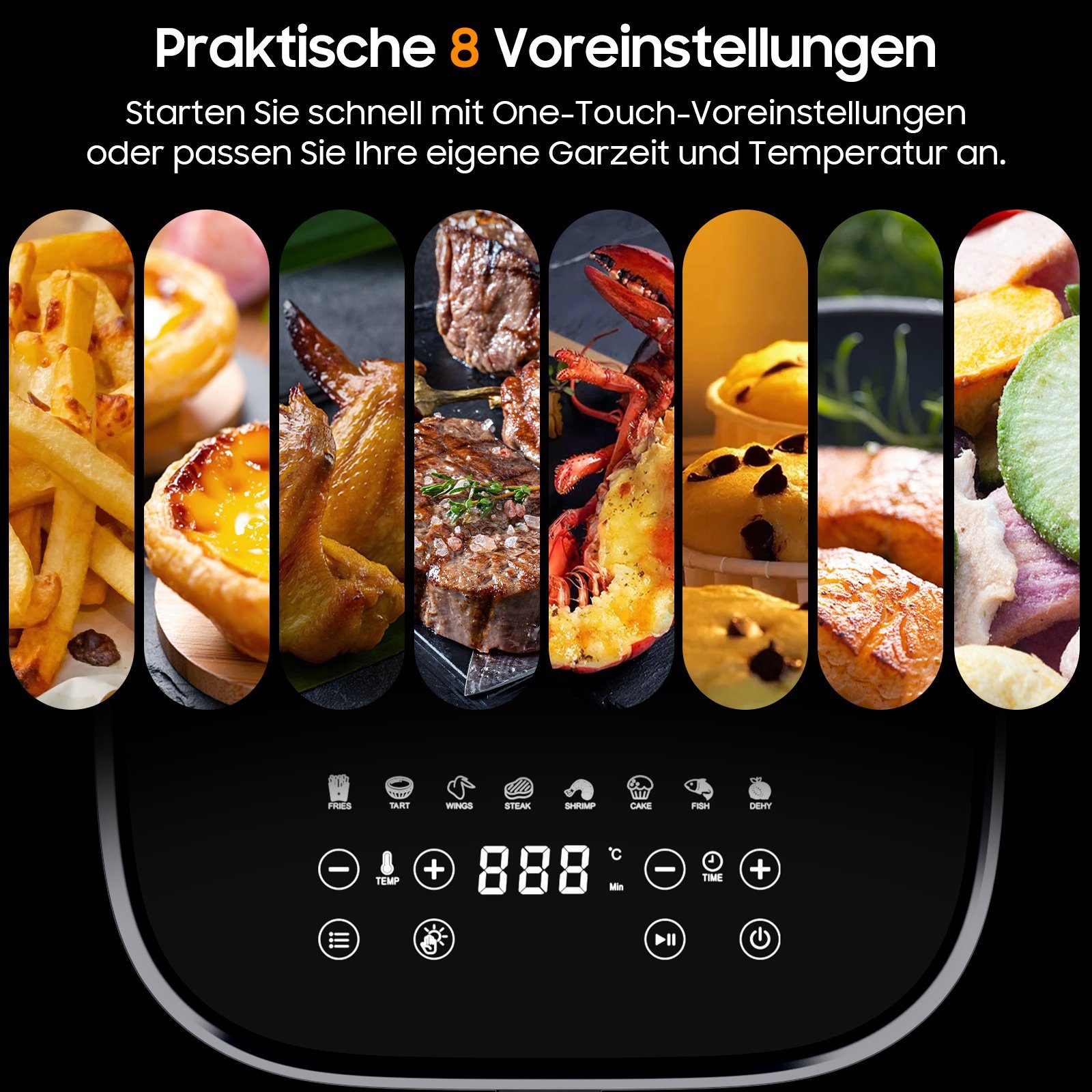 iceagle Heißluftfritteuse Heißluftfritteuse KDF-615A 6.7L Air Fryer mit Sichtfenster, 1700,00 W, 8 Voreingestellte Funktionen, Sichtbares Sichtfenster, Einstellbare Temperaturregelung, Einfache Reinigung, Individueller Lichtsteuerung, onhe Öl, Grau