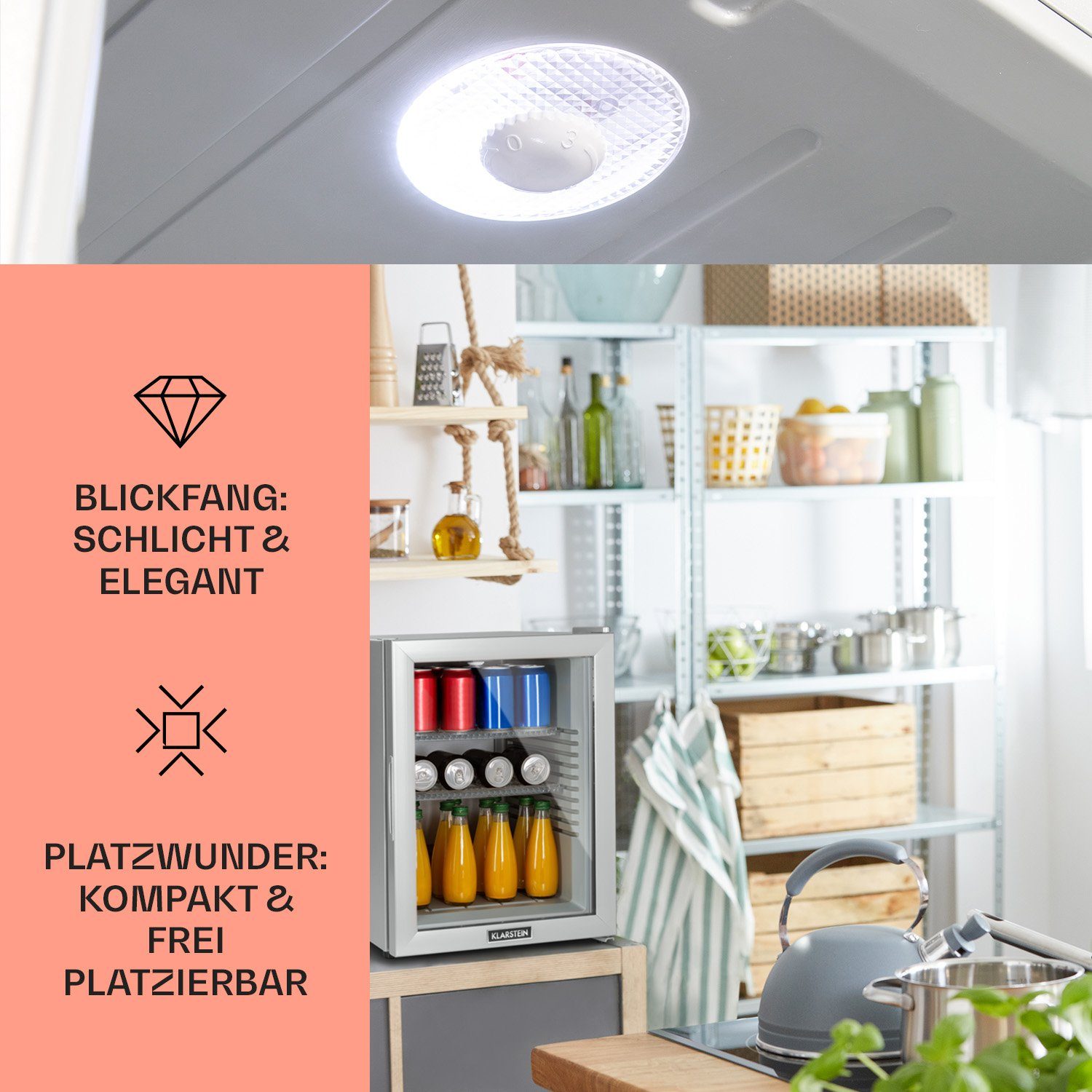 Klarstein Table Top Kühlschrank HEA-Brooklyn-50Slb 10035228A, 53.5 cm hoch, 40 cm breit, Hausbar Minikühlschrank ohne Gefrierfach Getränkekühlschrank Glastür