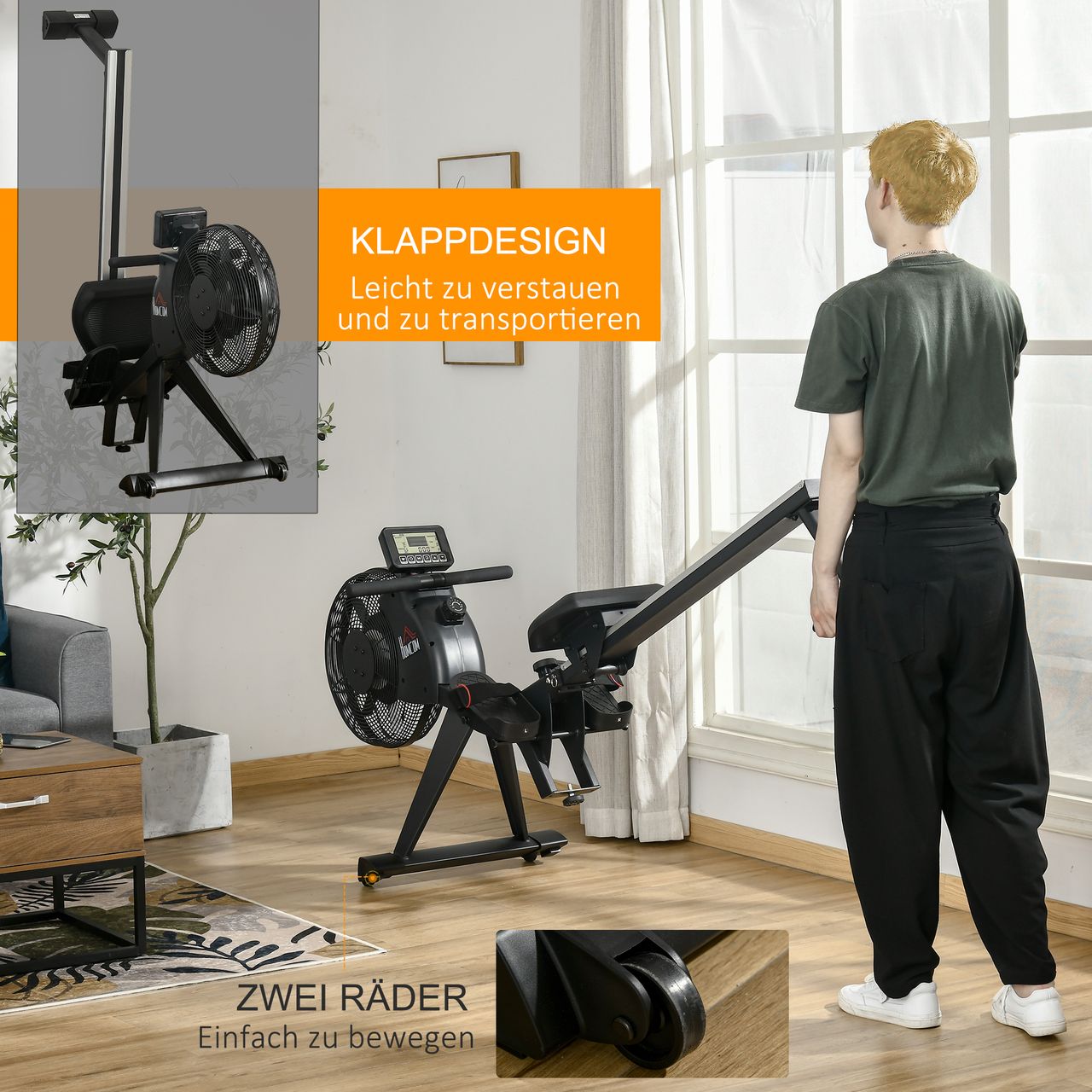 HOMCOM Rudergerät Rudersitz einklappbar Schwungmasse 2,5 kg mit 16 Widerstandsstufen für Zuhause Nutzergewicht bis 130 kg Stahl Schwarz 225 x 55 x 88 cm