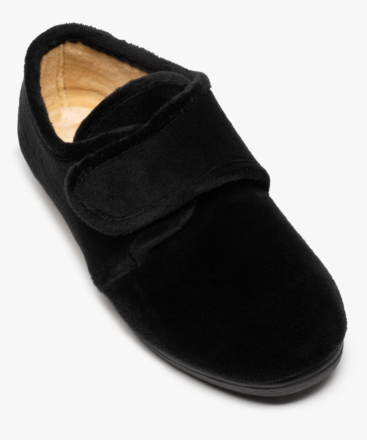 Chaussons femme confort en velours uni et bride scratch noir | GEMO