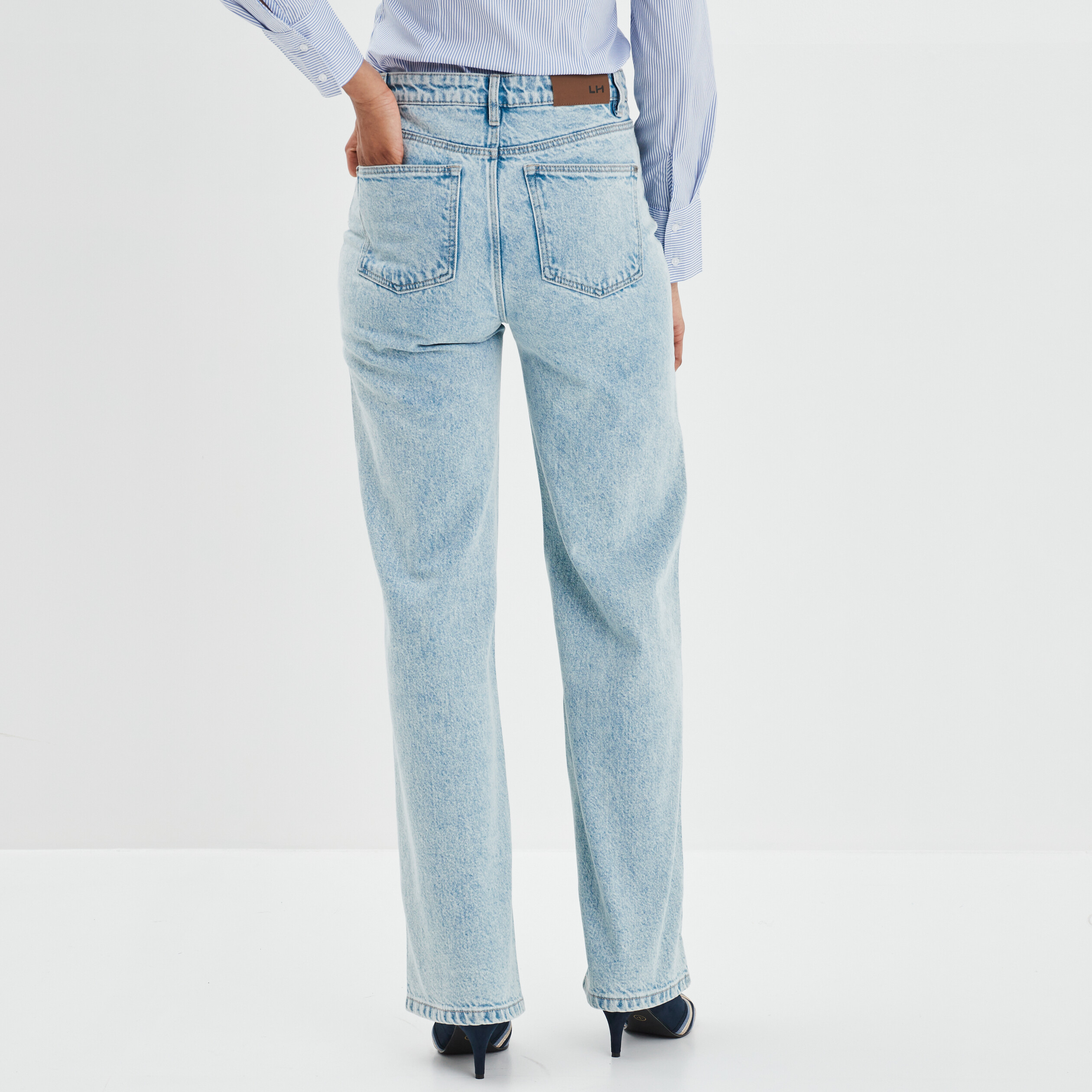 Jeans wide leg taille haute coton denim double stone femme | La Halle
