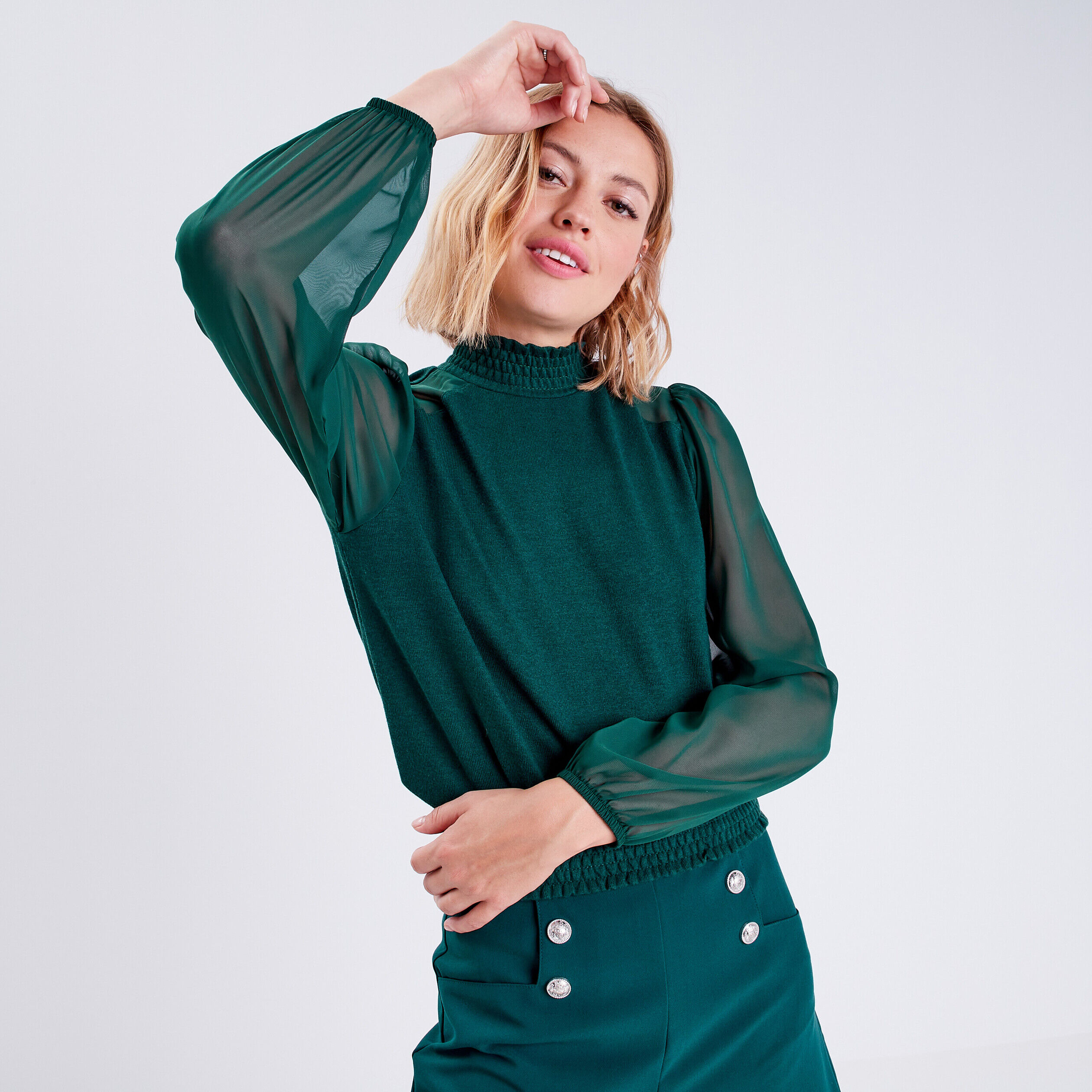 Blouse manches longues vert foncé femme | Cache Cache