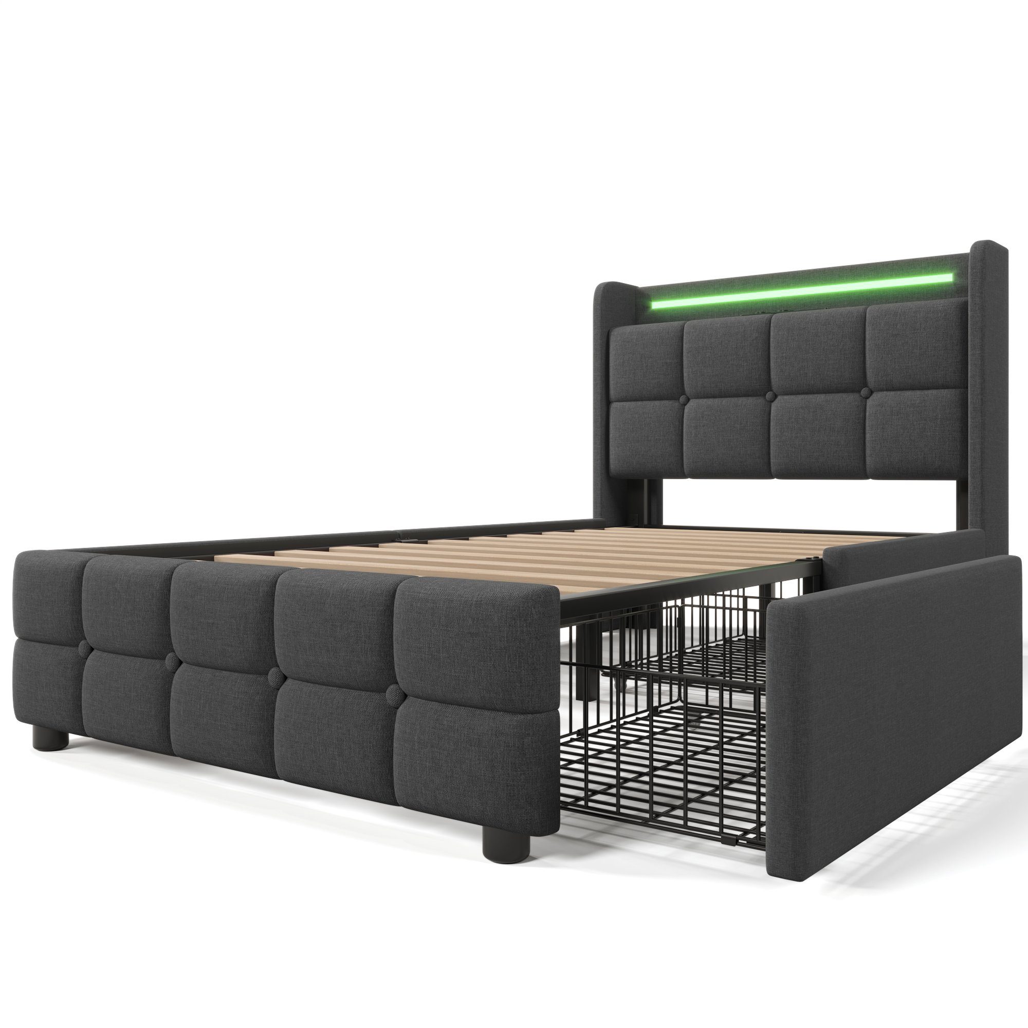HAUSS SPLOE Polsterbett Polsterbett Doppelbett Funktionsbett Bettrahmen mit Schubladen (mit aufladen USB Ladefunktion LED-Beleuchtung und 2 Schubladen, 90 x 200 cm ohne-Matratze)