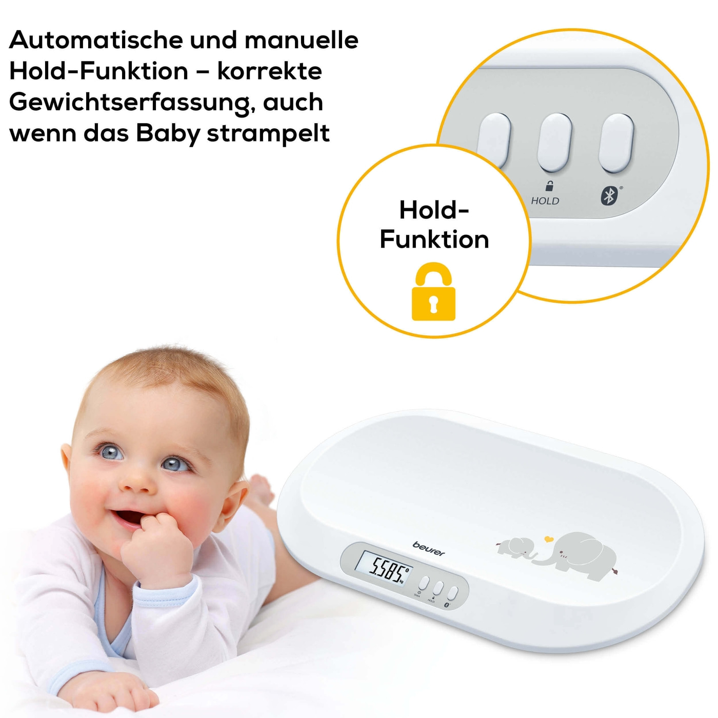 Beurer Babywaage BY 90-Babywaage mit Hold-Funktion für genaues Wiegen trotz Bewegungen & App-Anbindung