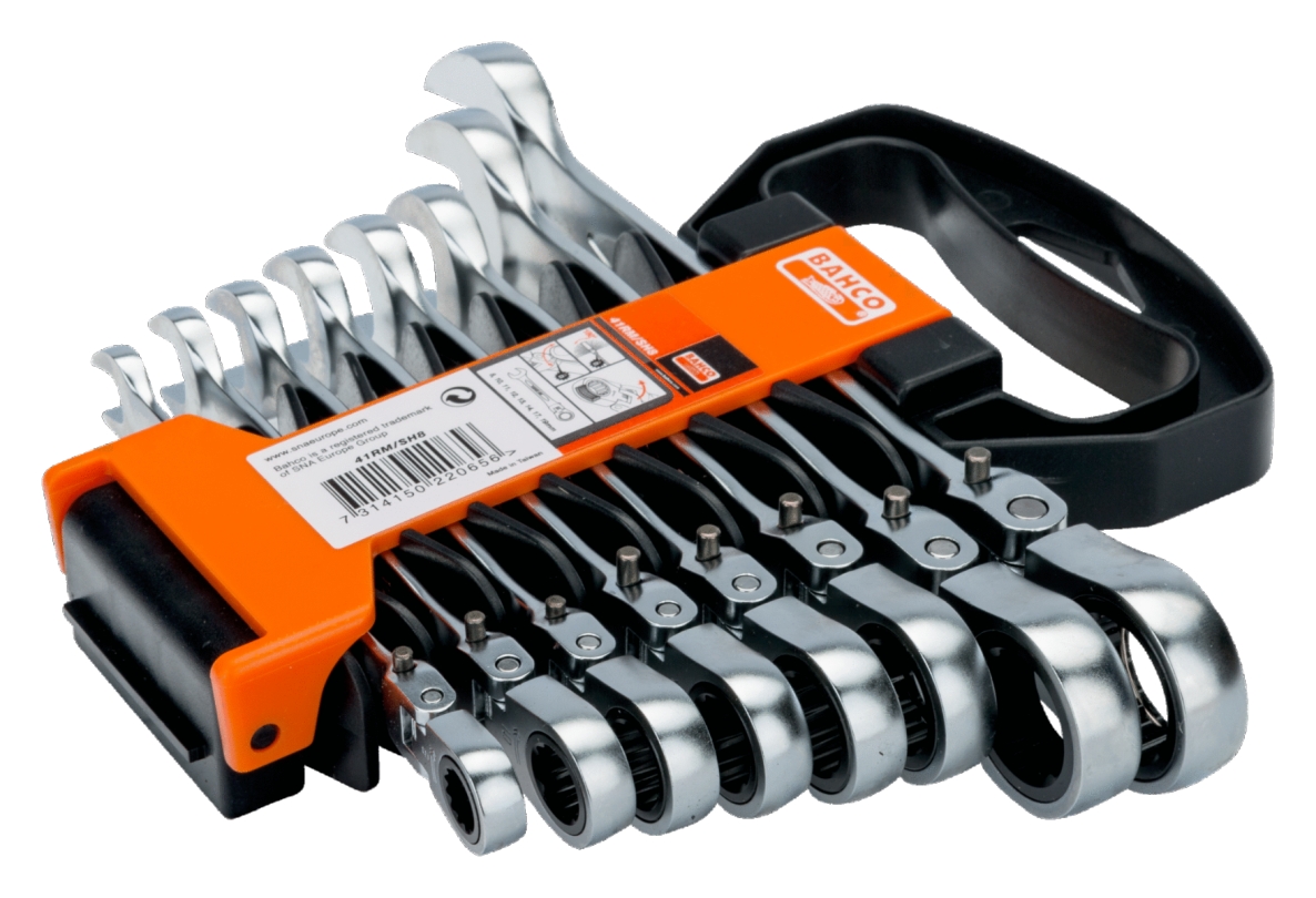 Bahco 41RM/SH8 Combination Ratchet Wrench Set with Hinged Head (Metric) in a Plastic Holder, 8-piece
