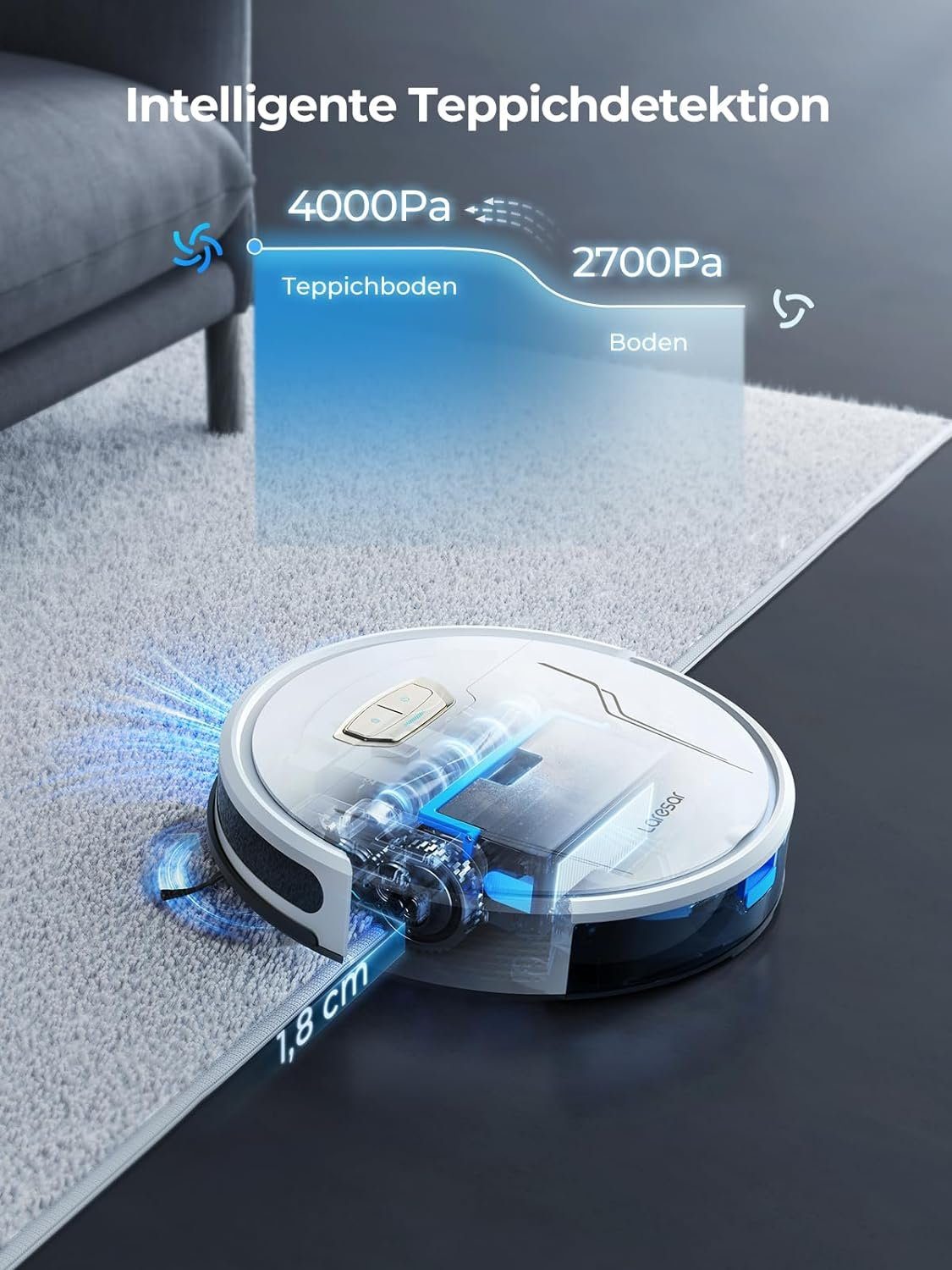 Laresar Saugroboter, Saugroboter mit Wischfunktion, 4000Pa Staubsauger Roboter 150 Min Max, saugroboter ideal für Hartböden Tierhaare Teppiche, Intelligente App-Steuerung, Arbeit mit Alexa