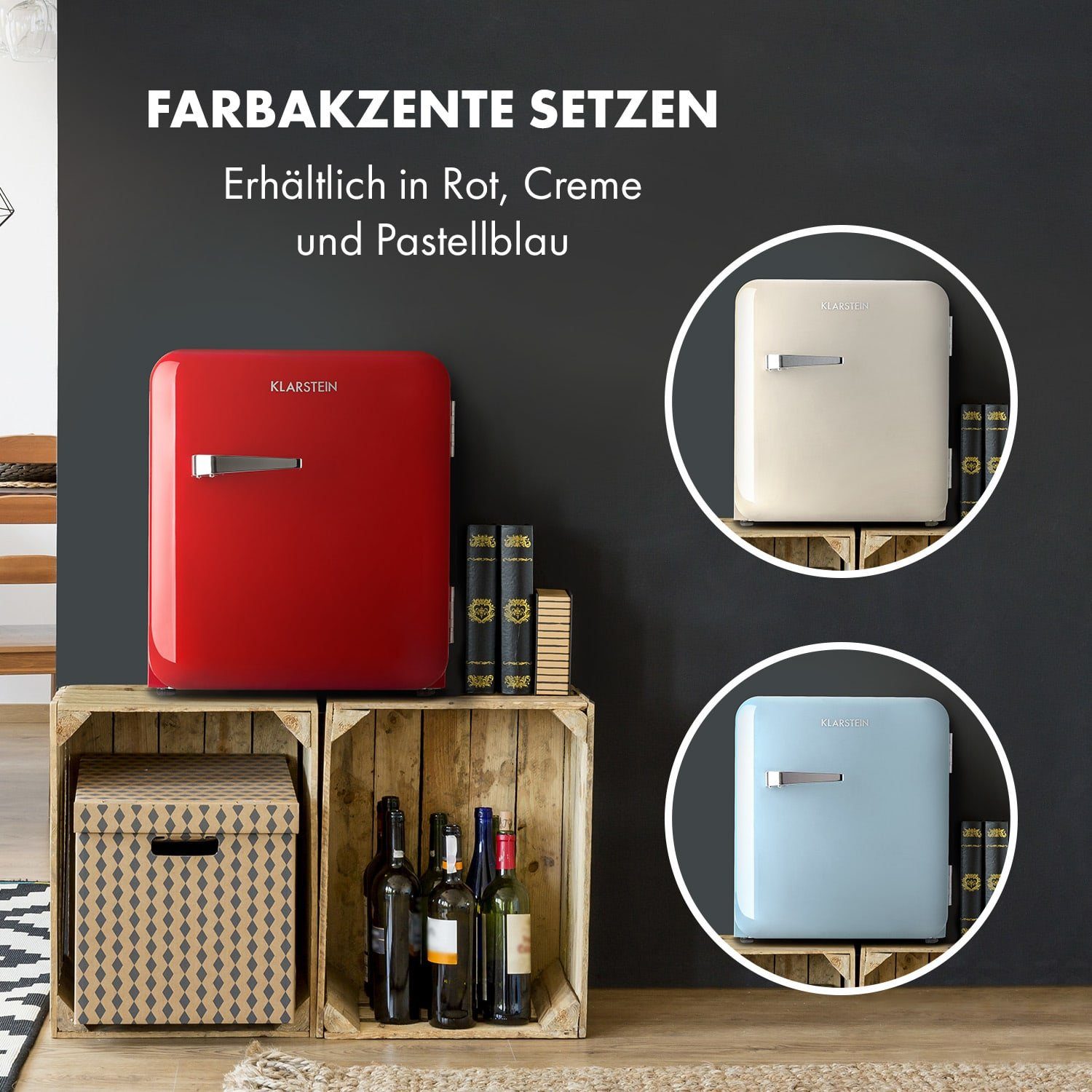 Klarstein Table Top Kühlschrank HEA13-Audrey-rot 10035311A, 50 cm hoch, 44 cm breit, Hausbar Minikühlschrank mit Gefrierfach Getränkekühlschrank klein