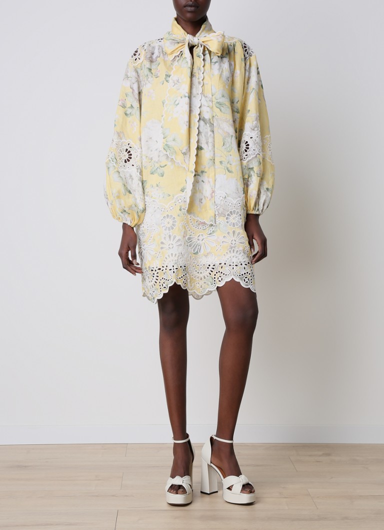 Rochie scurtă tunică Zimmermann Acacia cu imprimeu floral și broderie.