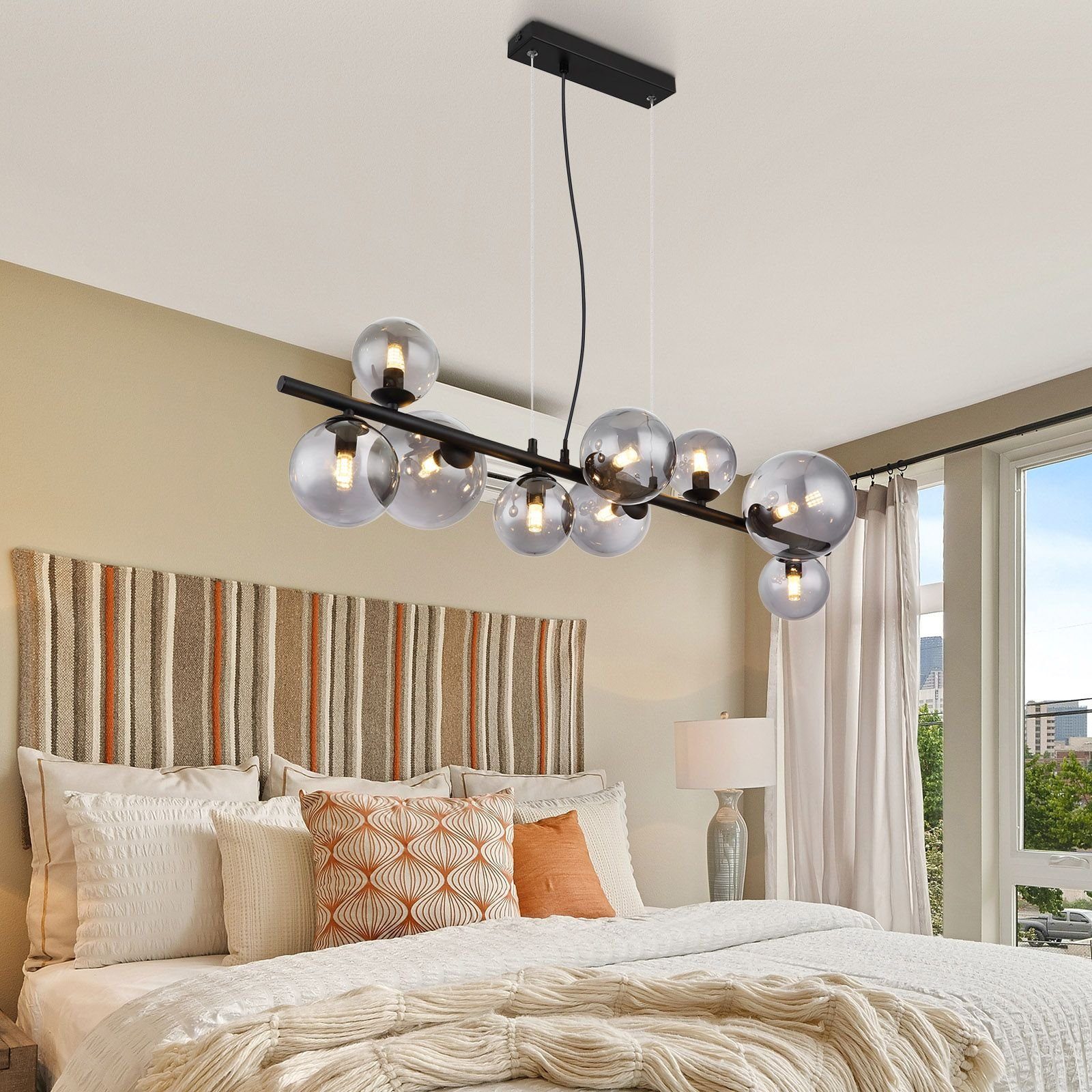 Globo Hängeleuchte GLOBO Hängeleuchte Esszimmer LED Hängelampe Rauchglas Pendelleuchte, Glas, Kugeln, 9 flammig, modern, LED wechselbar, Warmweiß, Wohnzimmer, Schlafzimmer, Pendellampe