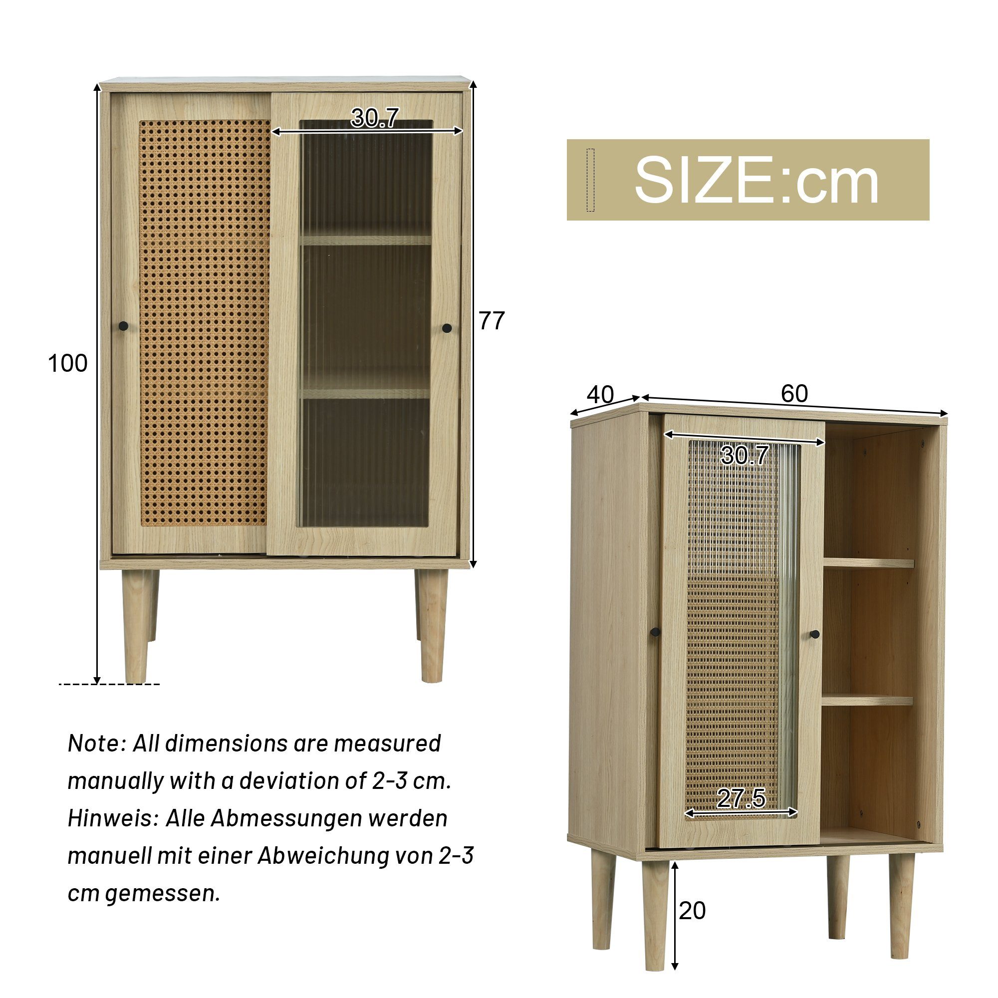 Merax Highboard, mit Glastür und Rattangeflecht, Vitrine Landhaus, Kommode, Sideboard
