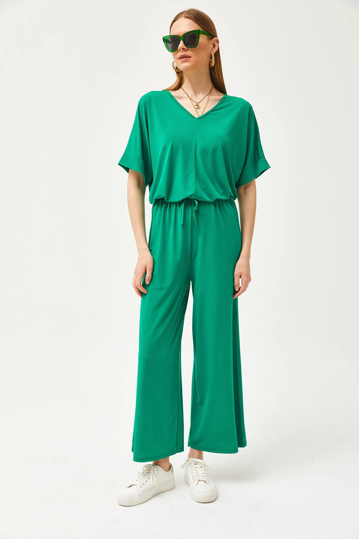 Olalook  Grünes Oberteil, Bluse, Unterteil, Palazzo, lockeres Strick-Set für Damen, TKM-19000267