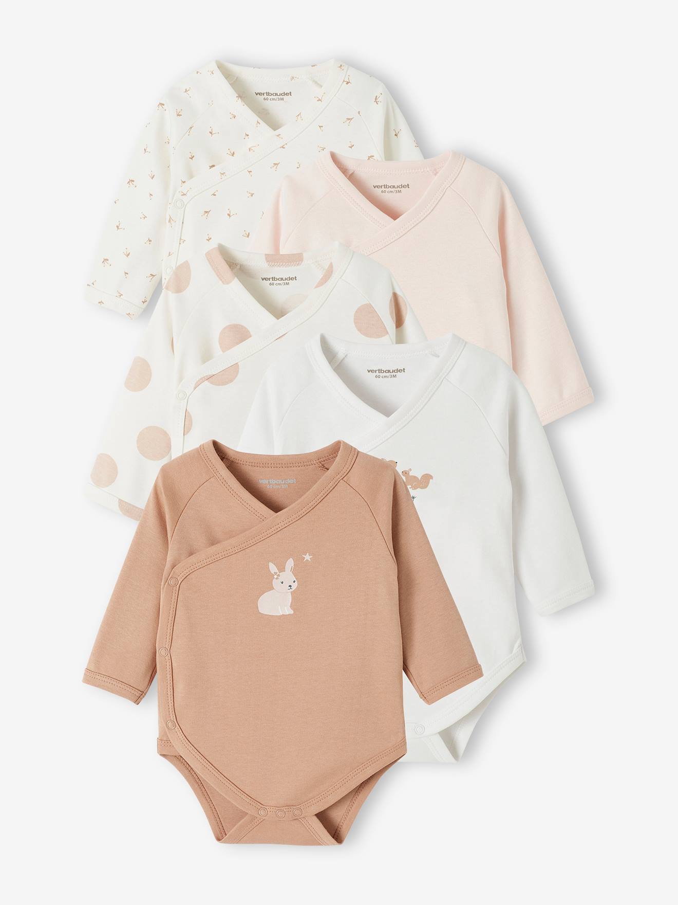 Lot de 5 bodies manches longues bébé ouverture naissance rose poudré