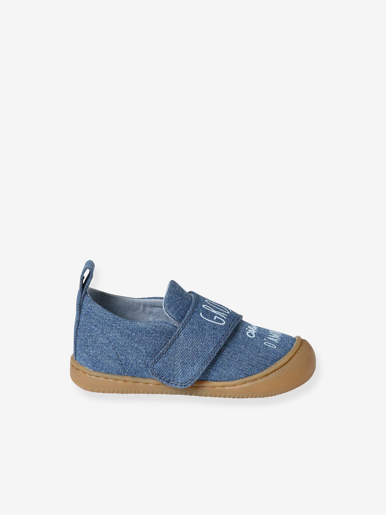 Chaussons scratchés bébé en toile denim bleu jean