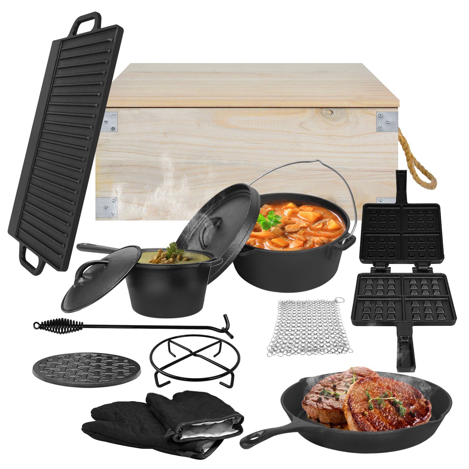 UISEBRT Feuertopf 12-teilig Dutch Oven Set in Holzkiste, mit viel Zubehör