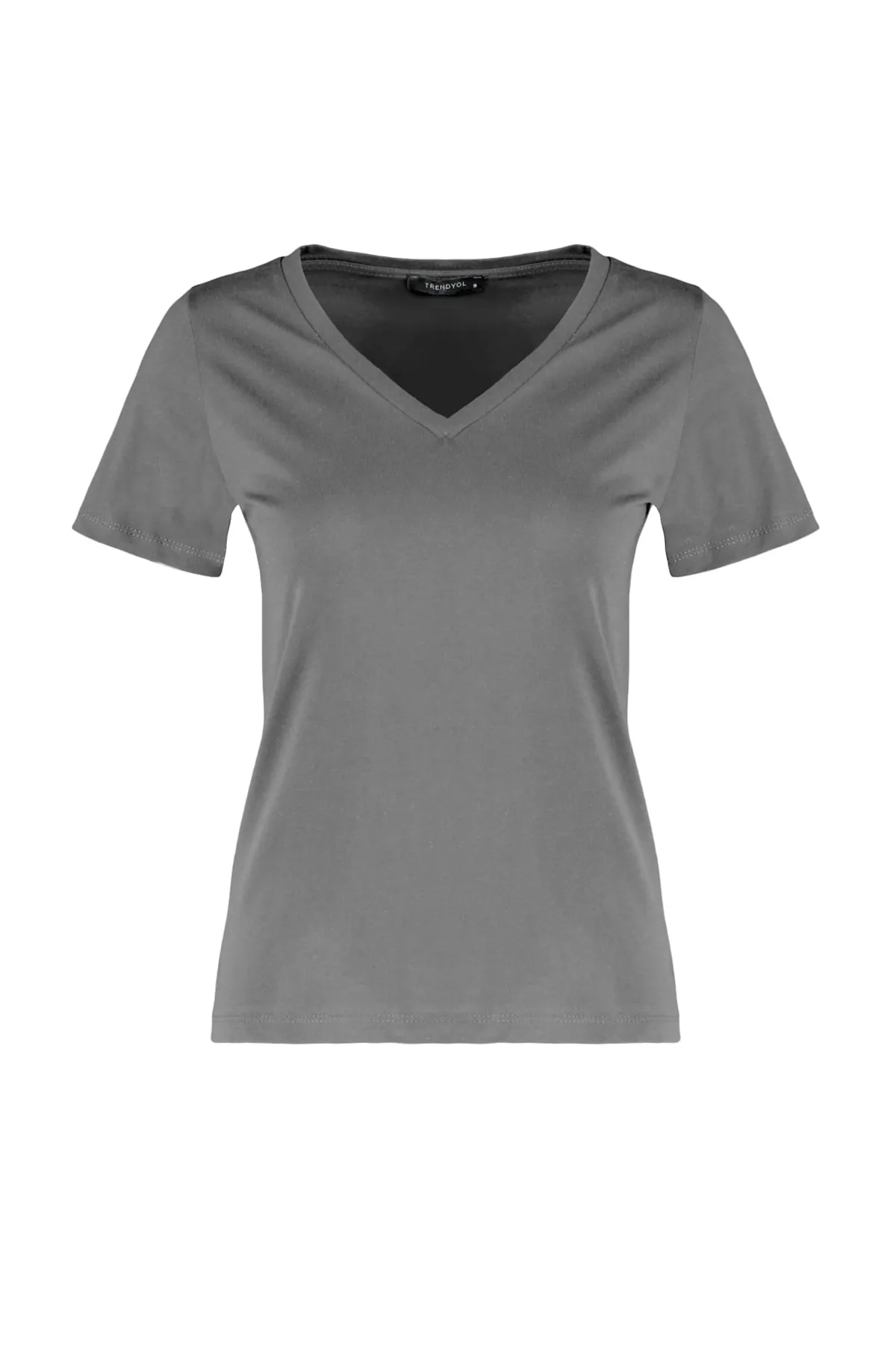 Trendyol Collection  Anthrazitfarbenes Basic-Strick-T-Shirt mit V-Ausschnitt aus 100 % Baumwolle TWOSS23TS00001