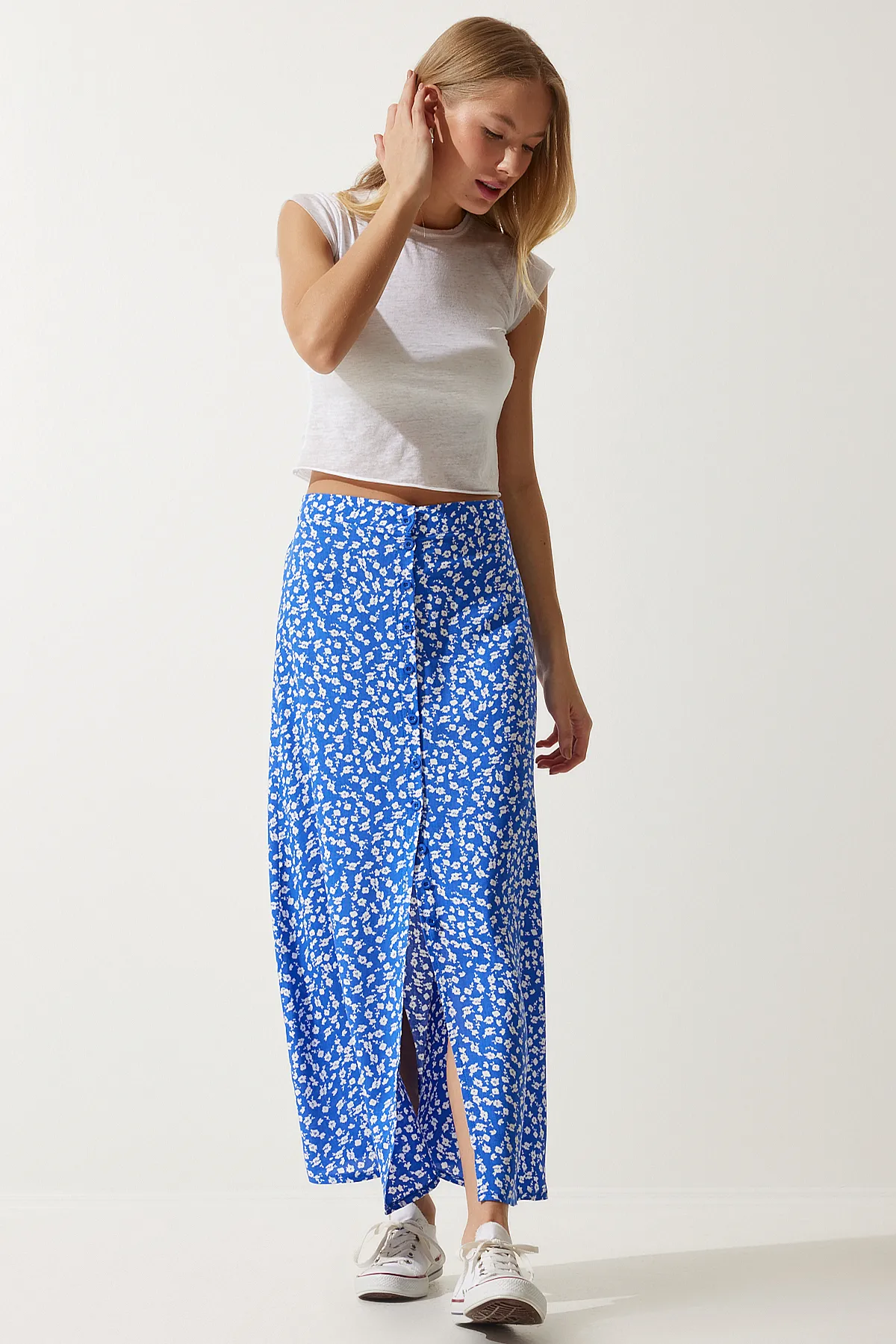 Happiness İstanbul  Blau gemusterter Viskoserock mit Schlitz für Damen UB00246