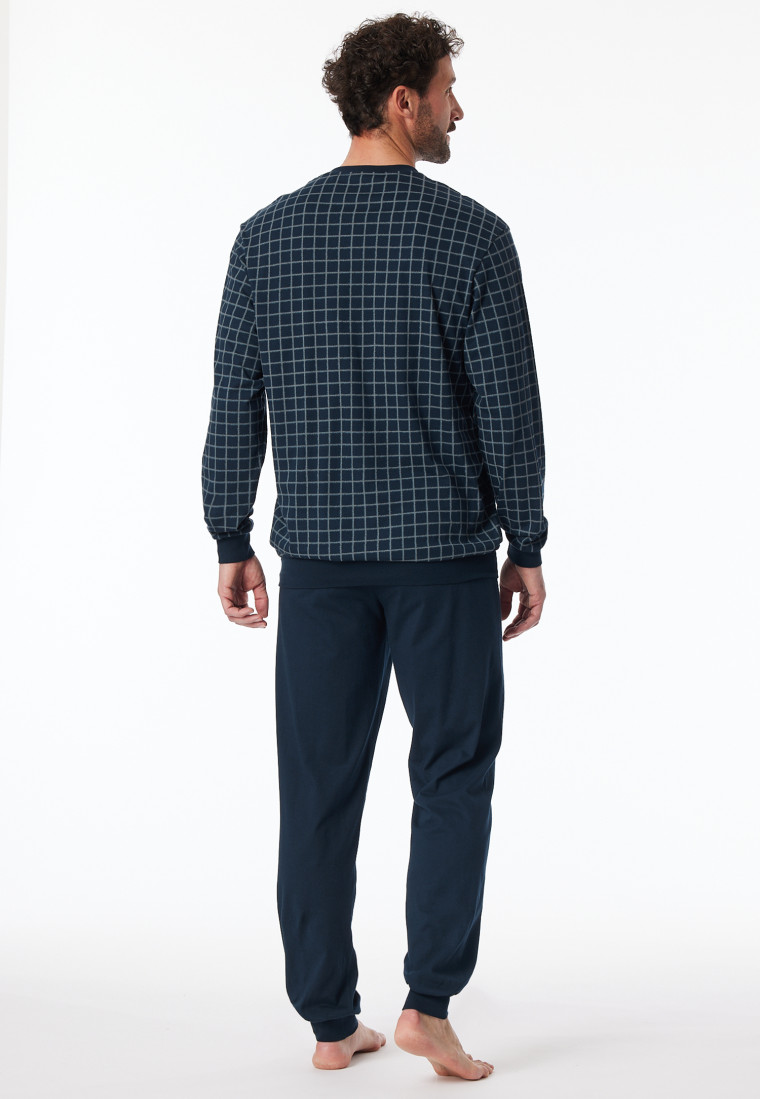 Schlafanzug lang Bündchen jeansblau kariert - Comfort Nightwear