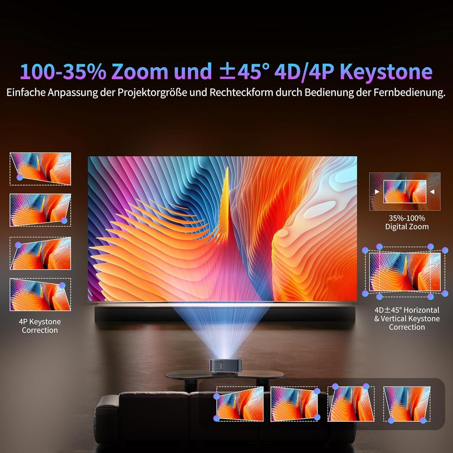sainyer 4K mit Android 12.0 OS 4GB RAM 32GB ROM, [Digital Focus] Portabler Projektor (500 lm, 20000:1, 3840 x 2160 px, mit WiFi-6,Bluetooth 5.0 4K 8K-Unterstützung,Outdoor ZOOM 300)