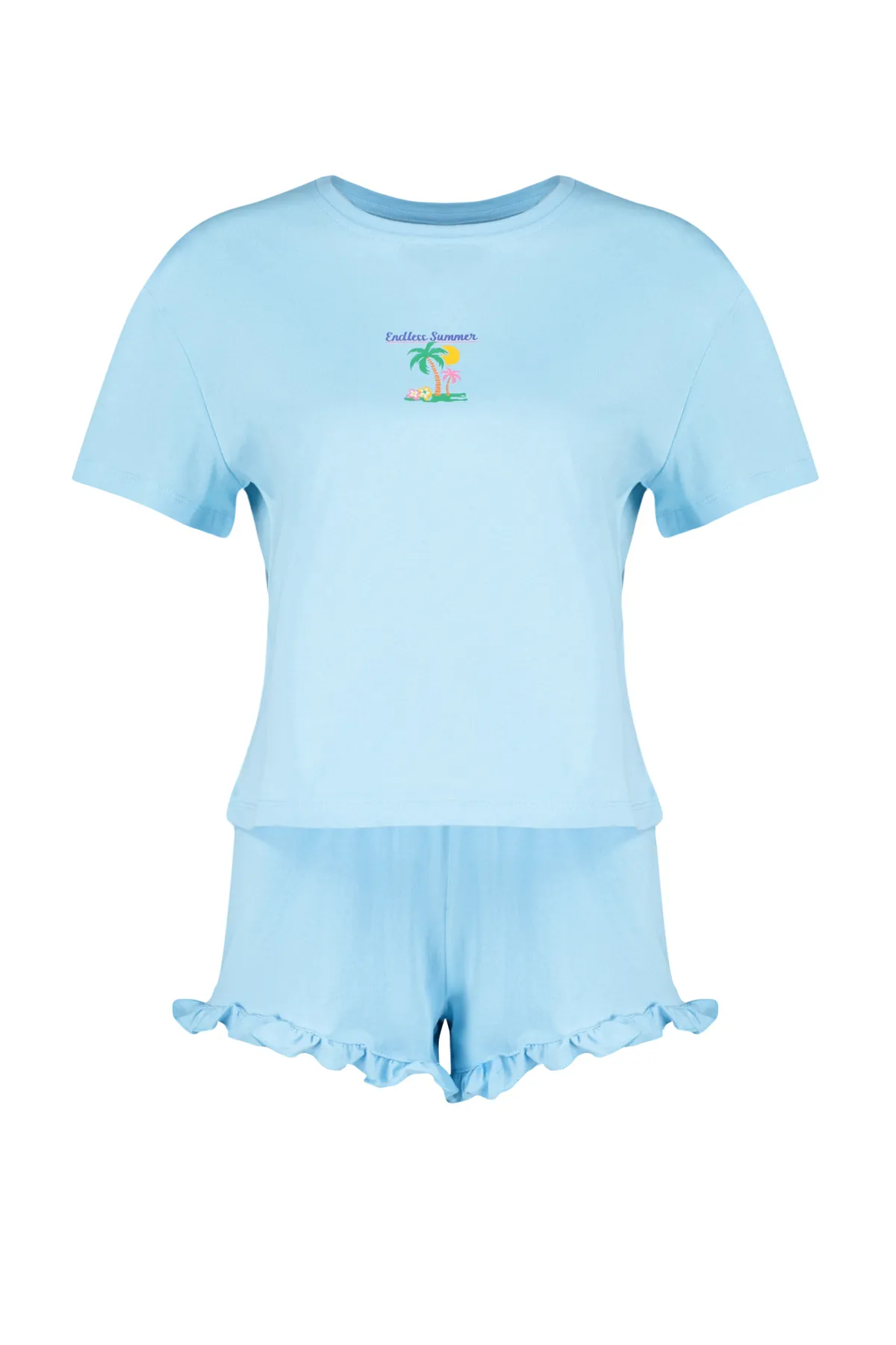 Trendyol Collection  Blaues, gestricktes Pyjama-Set aus 100 % Baumwolle mit bedruckten Rüschen und Details THMSS24PT00113