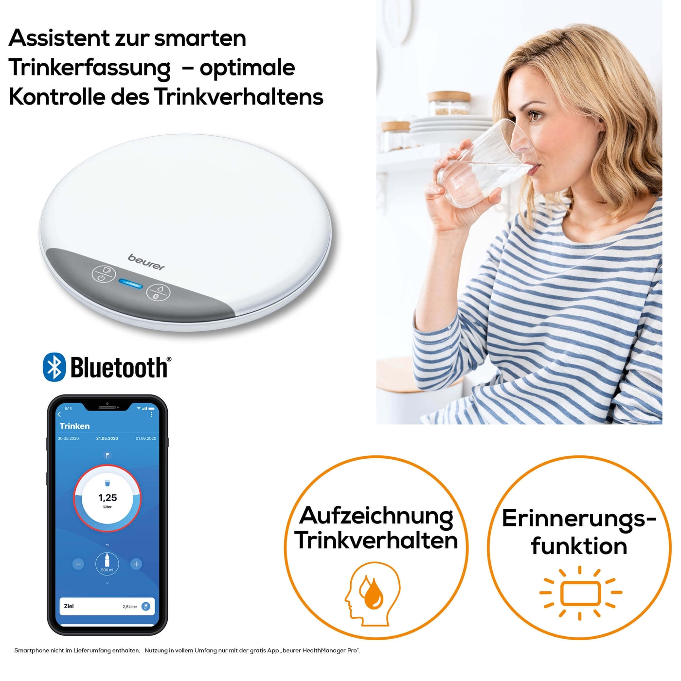 Beurer Trinkmanager DM 20-Trinkmanager mit App zur Messung, Analyse & Verbesserung des Trinkverhaltens