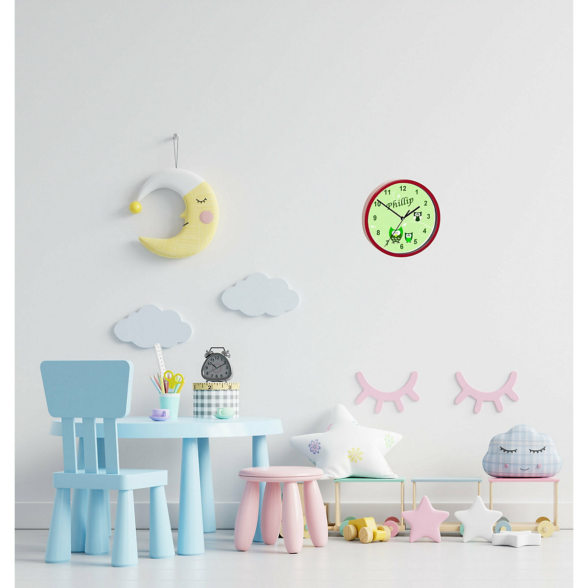 Kinder Wanduhr laufruhig personalisiert mit Name Eule Grün