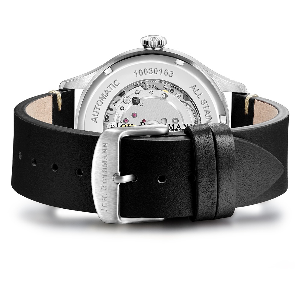 Joh. Rothmann Montre automatique Flight en Argent Cuir véritable en Noir Montre