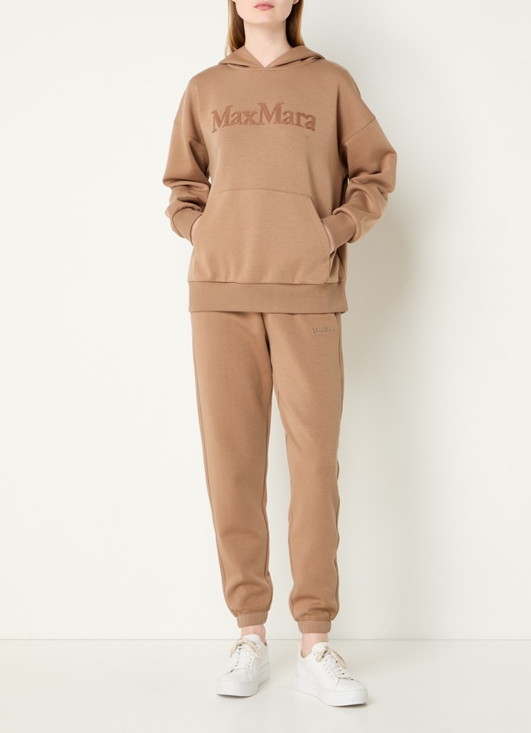Pantaloni de trening MaxMara Po cu talie înaltă, cu croială conică pe picioare și logo brodat.