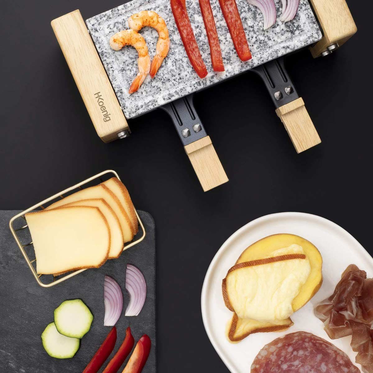 H.Koenig Raclette WOD2 kleines kompaktes Raclette / Heißer Stein für 2 Personen, 2 Raclettepfännchen, 350 W