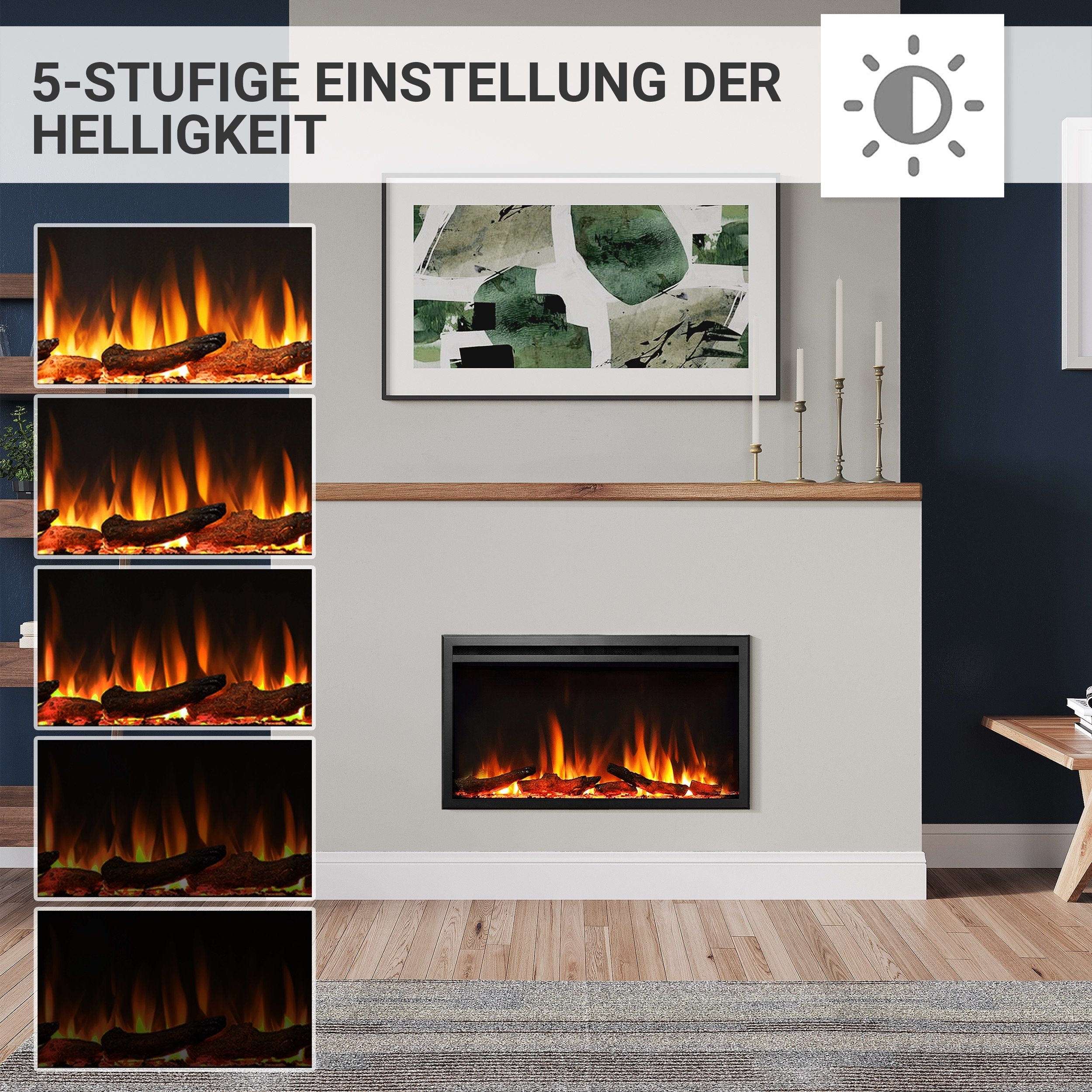 RICHEN Elektrokamin Atalanta, Einbaukamin mit Heizung 2000W, 3D-Flammeneffekt, integrierte Knisterfunktion, Fernbedienung, Timer, Thermostat