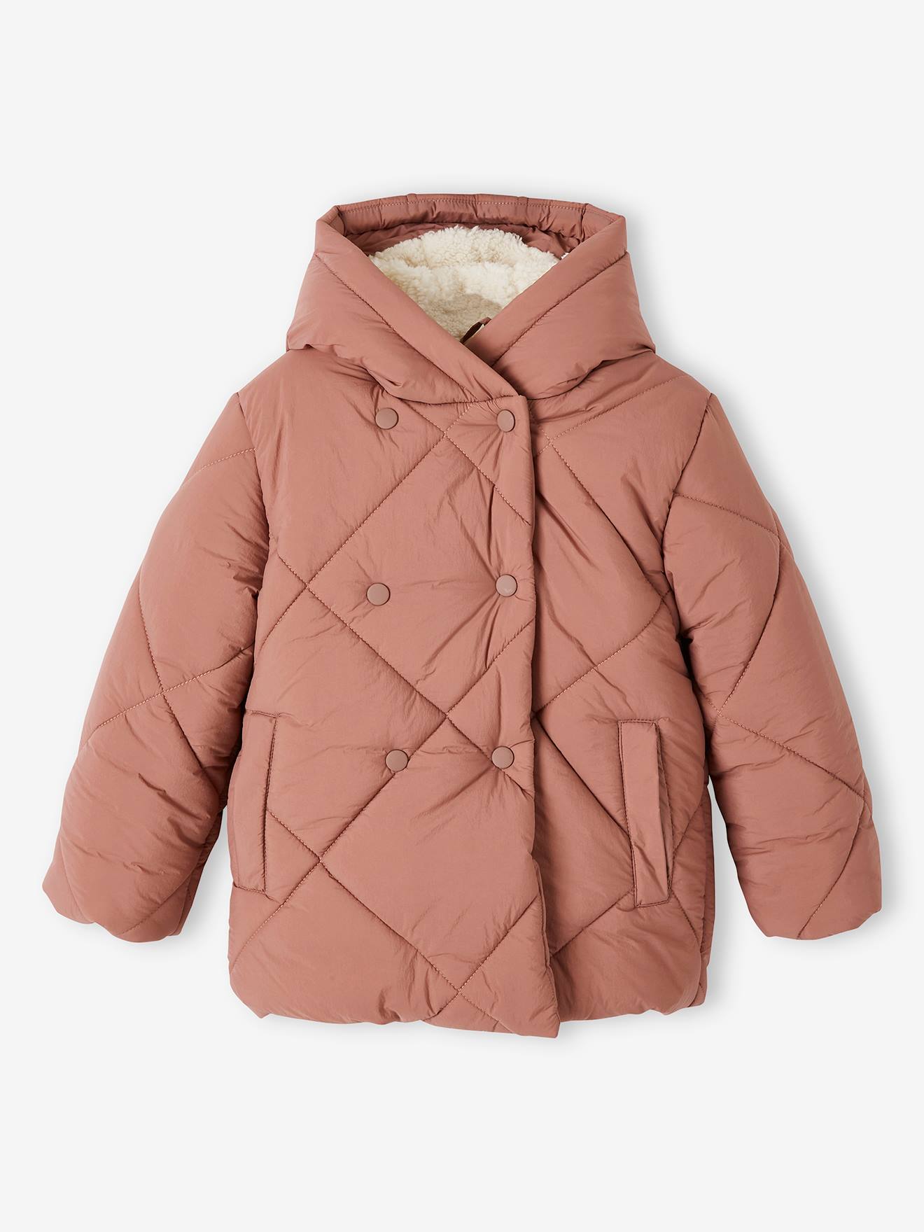 Vertbaudet Mädchen Kapuzen-Steppjacke mit Teddyfleece-Futter, Wattierung Recycling-Polyester - blush