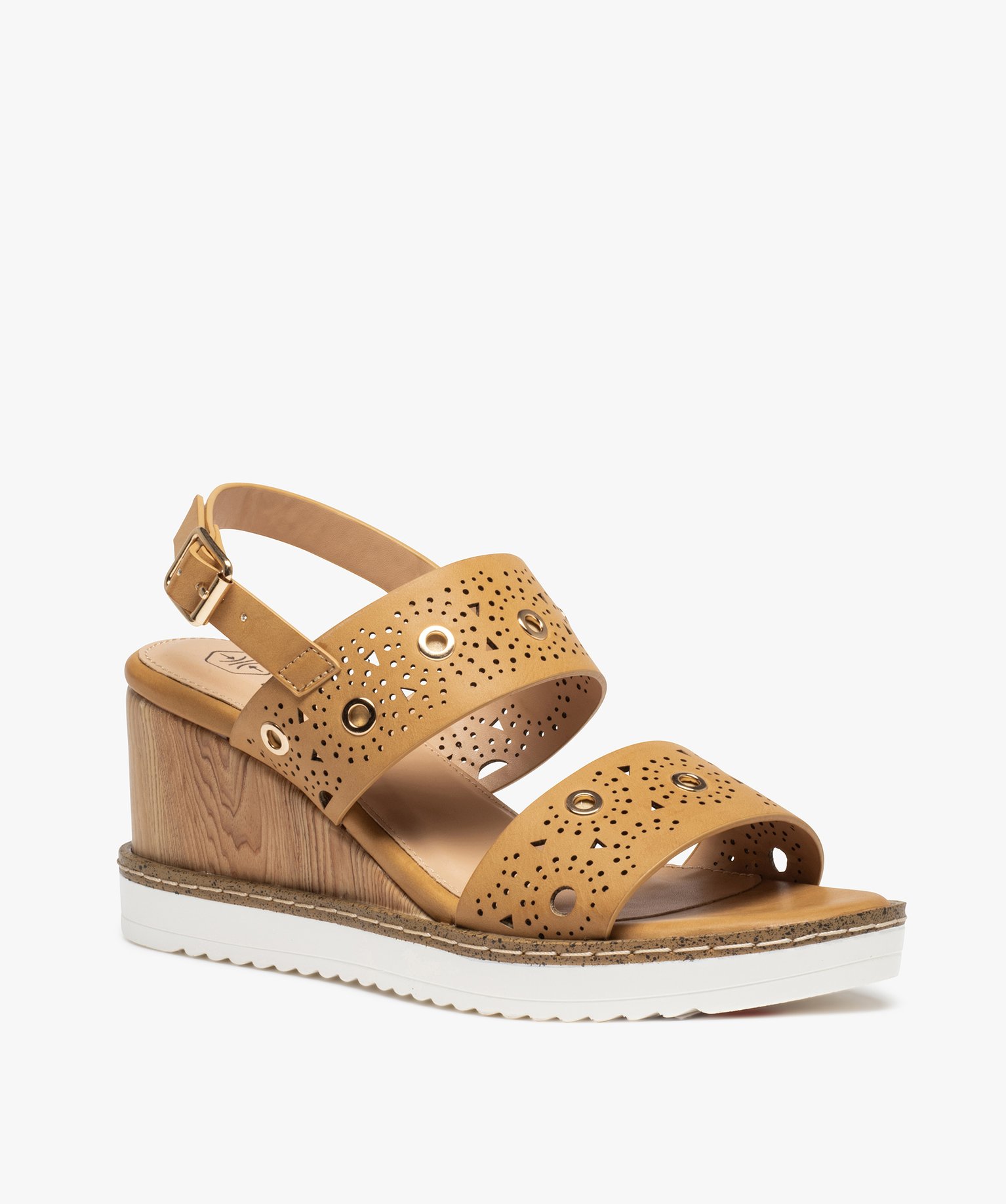 Sandales femme compensées à brides ajourées beige | GEMO