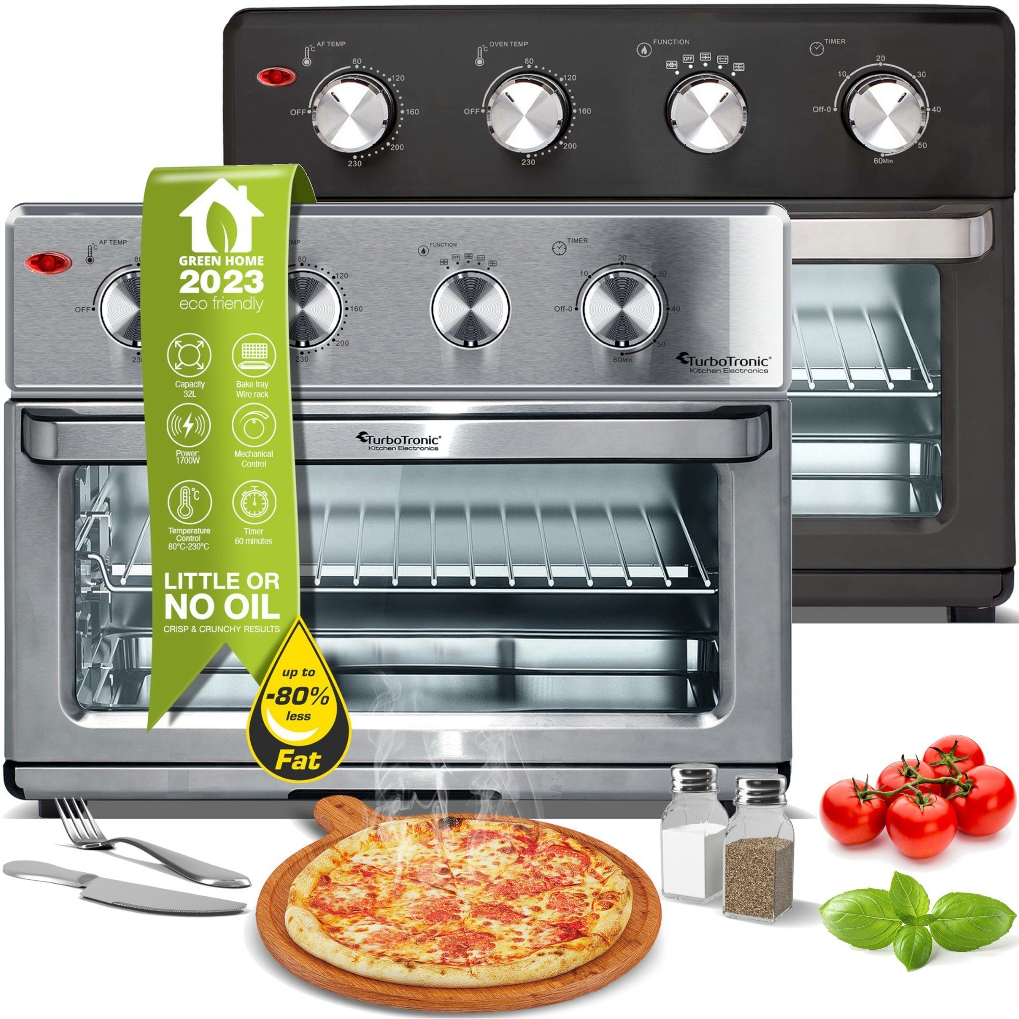 TurboTronic by Z-Line Minibackofen XXL 32 Liter mit Drehspieß für Hähnchen 4in1 Mini Backofen, Power Heißluftfritteuse Airfryer ab 80°C AF32MRD silber