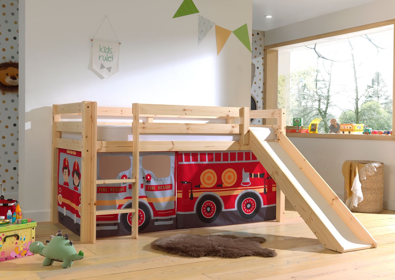VIPACK Halbhohes Bett PINO, mit Rutsche und Textilset 