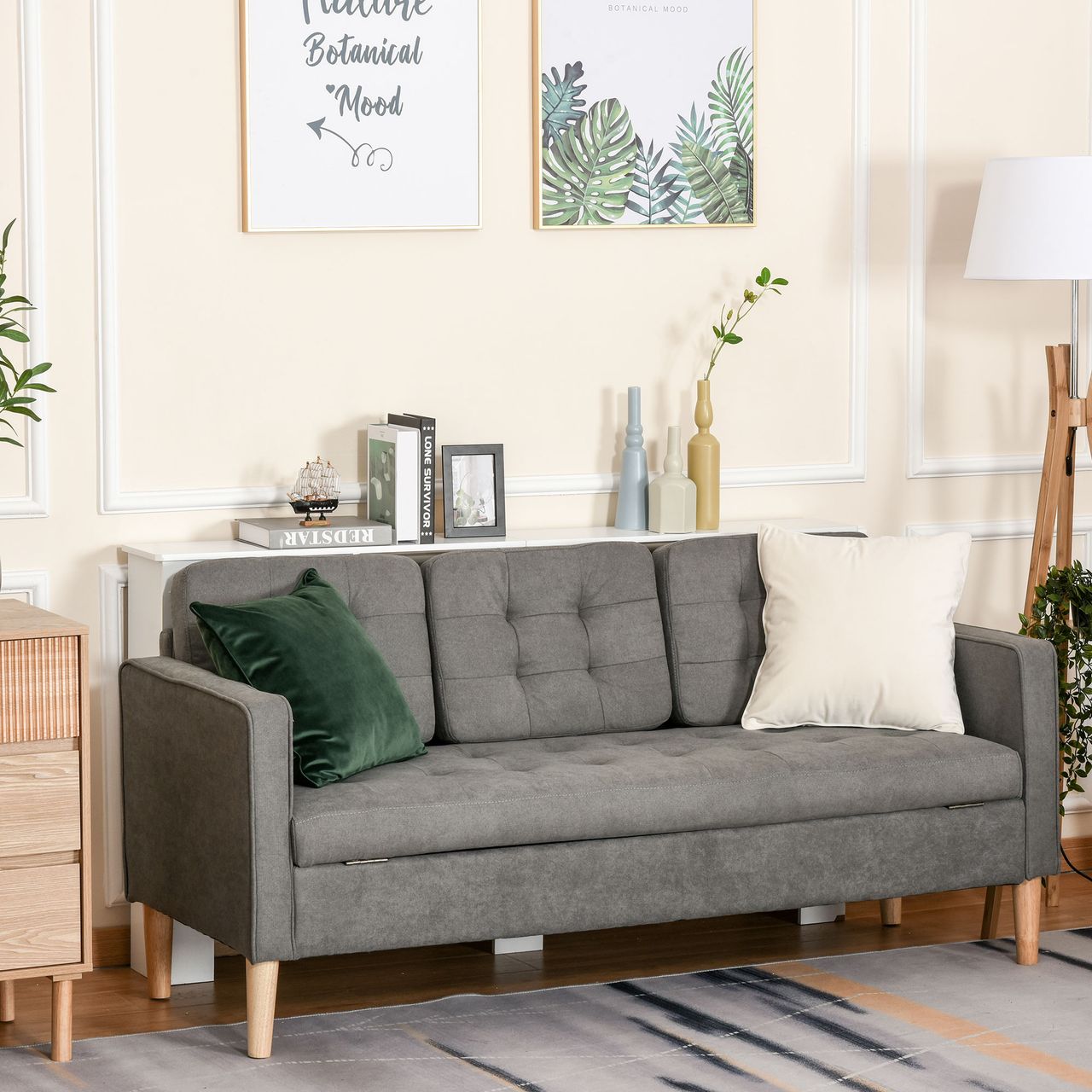 HOMCOM 3-Sitzer Sofa Stoffsofa Doppelsofa abnehmbar mit Kissen Gummiholz Baumwoll Grau 166,5 x 62 x 82 cm