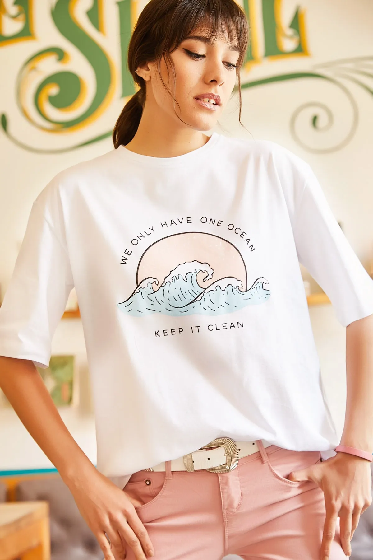 Olalook  Weißes Ocean-T-Shirt für Damen TSH-19000294