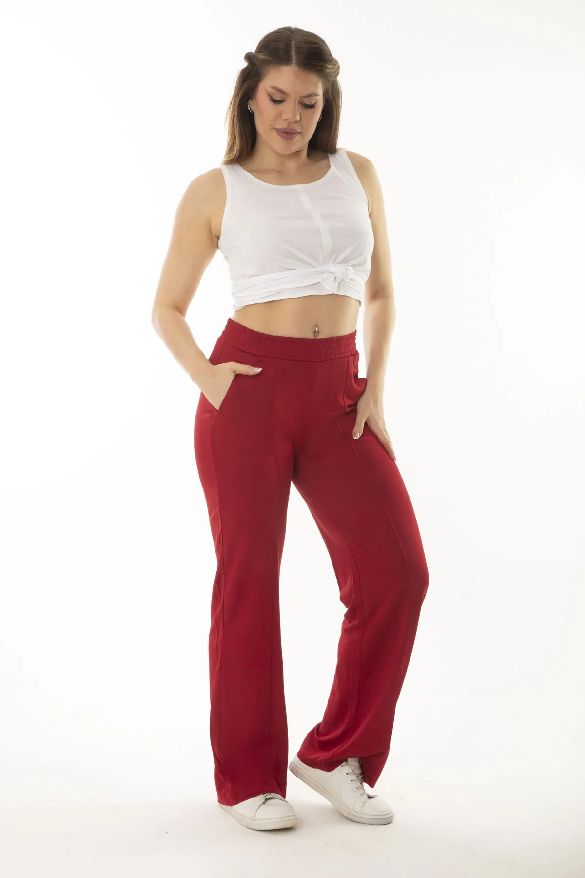 Şans  Damen-Trainingshose, große Größe, weinrot, Seitentasche, elastische Taille, weites Bein, 65N37055