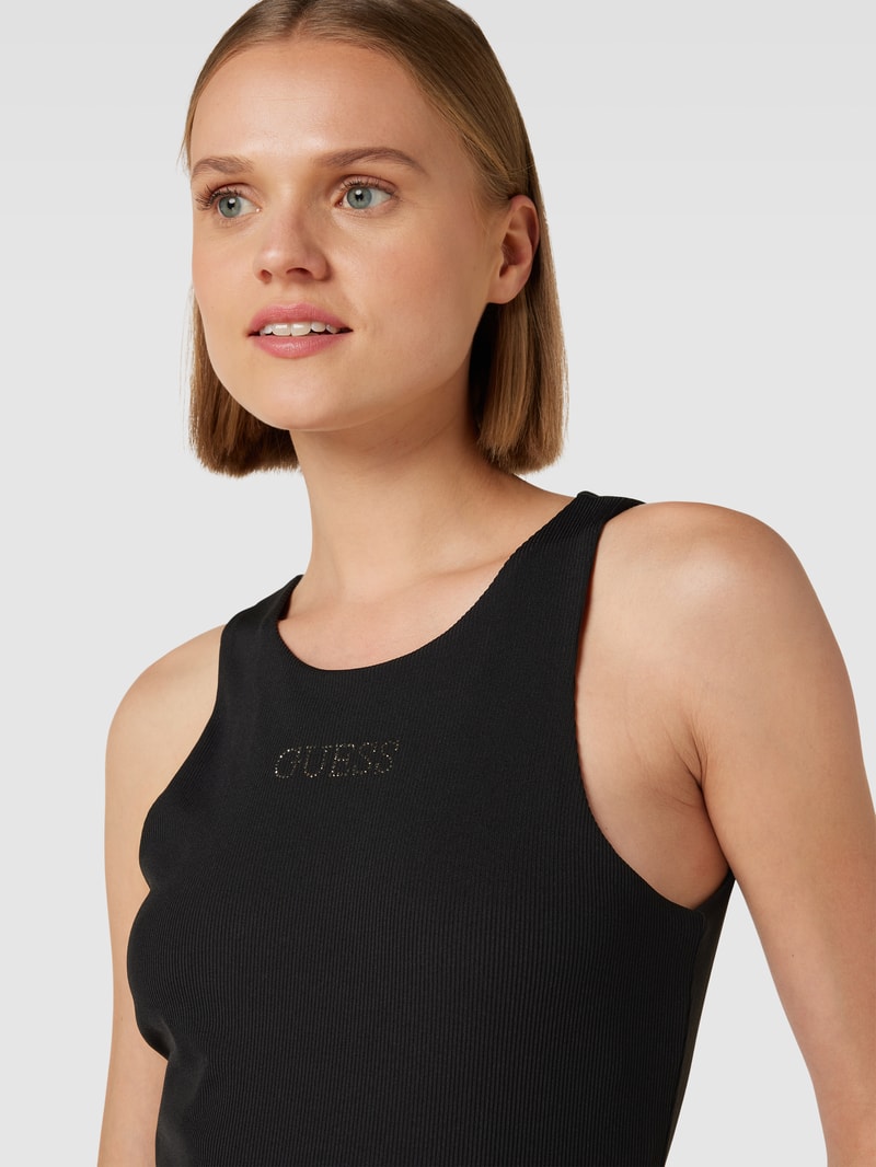 Body mit Label-Print aus Strasssteinbesatz Modell 'GUENDALINA' in schwarz
