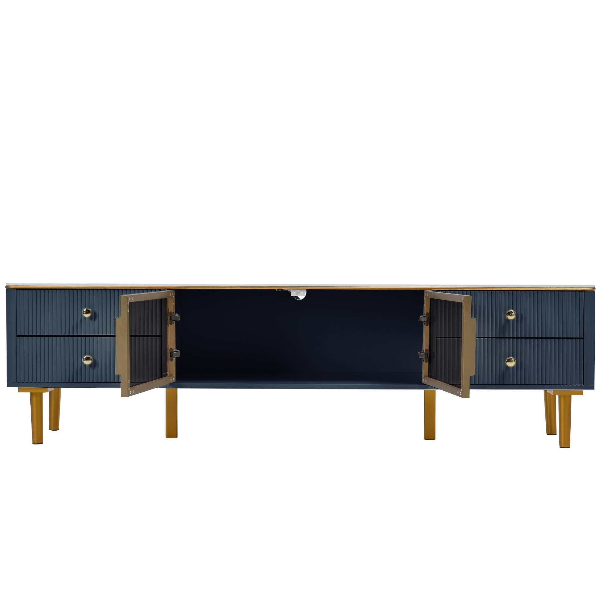 OKWISH TV-Schrank TV Schrank in Mamoroptik,Modernes TV-Lowboard für Wohnzimmer (4 Strukturierte Schubladen mit Goldenen Griffen, und zwei Braune Türen aus Gehärtetem Glas) für Wohnzimmer, 170*37*47,5cm