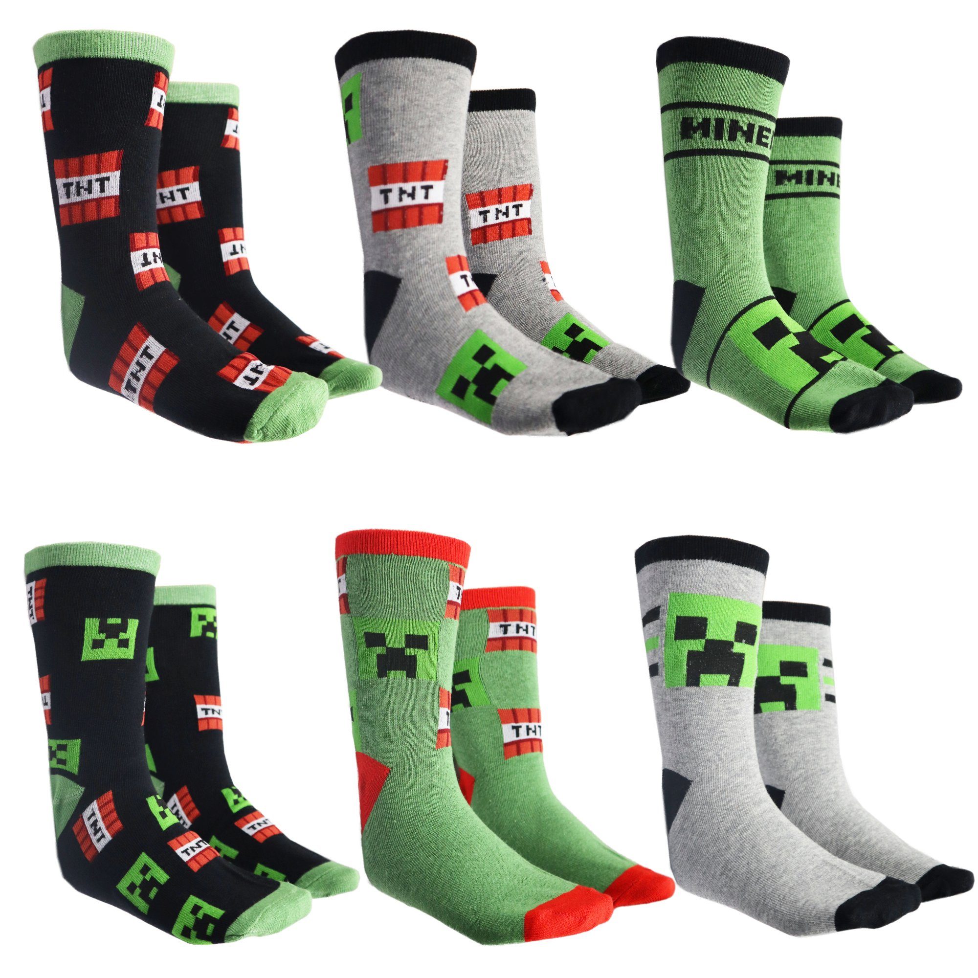 Minecraft Langsocken Minecraft Creeper TNT Kinder Jungen lange Socken 6er Pack Gr. 27 bis 38