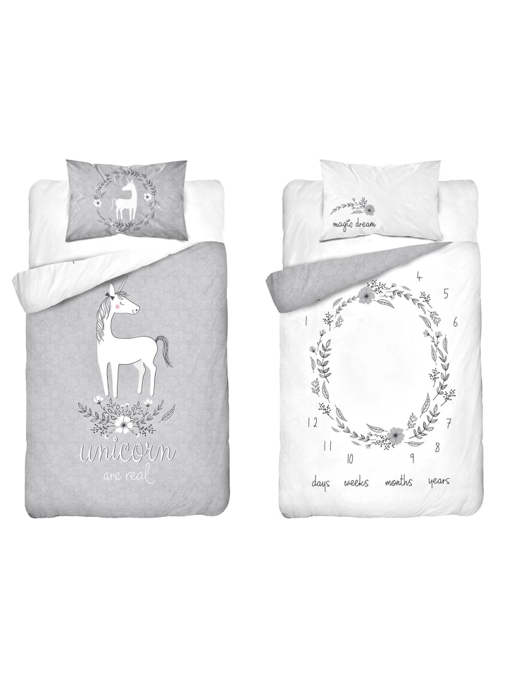 Carpe Sonno Wende-Bettwäsche Set Einhorn Timeline in Grau günstig kaufen 100 x 135 cm   40 x 60 cm