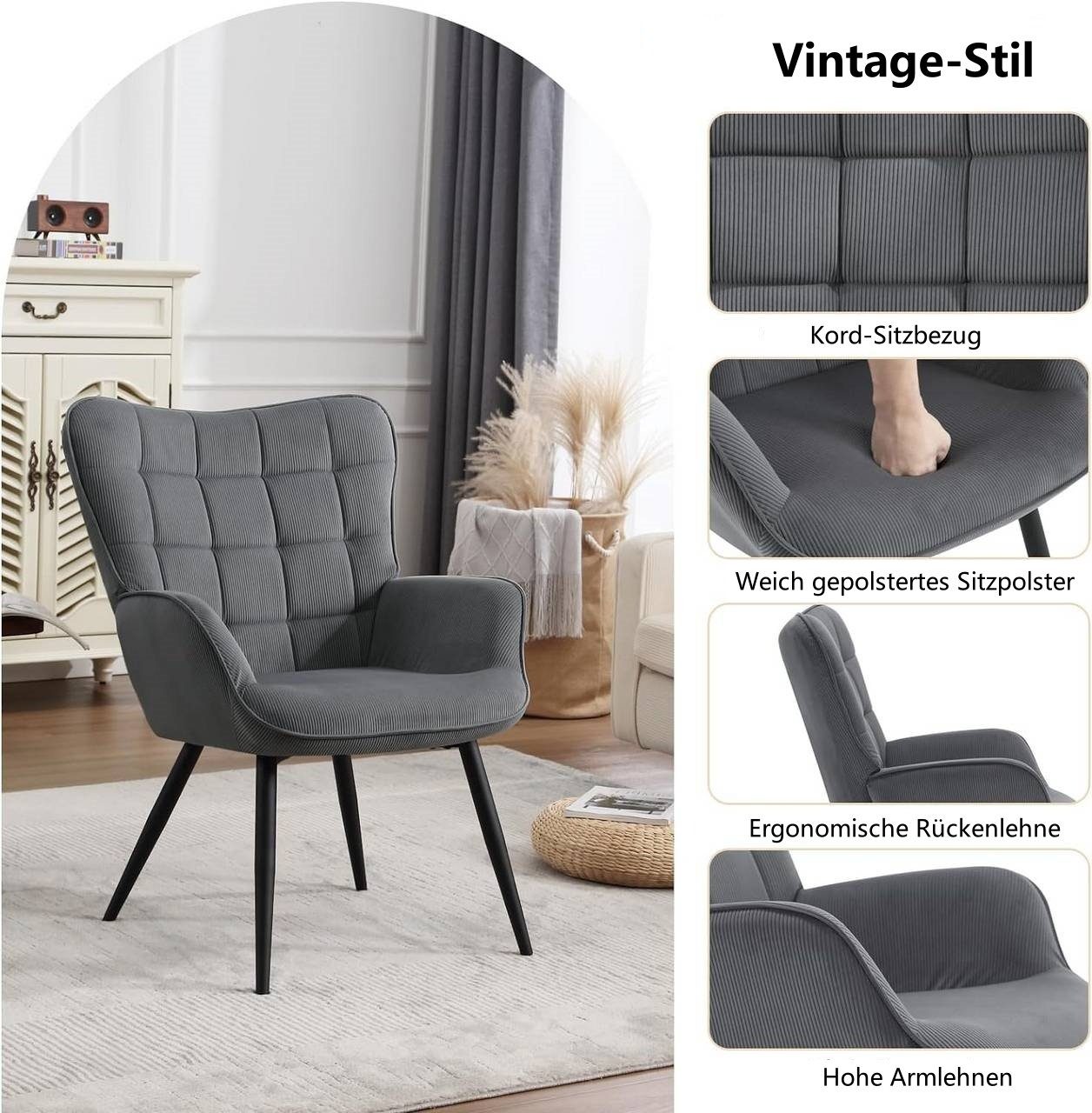 Woltu Relaxsessel (1-St), Ohrensessel Polstersessel mit Cordbezug