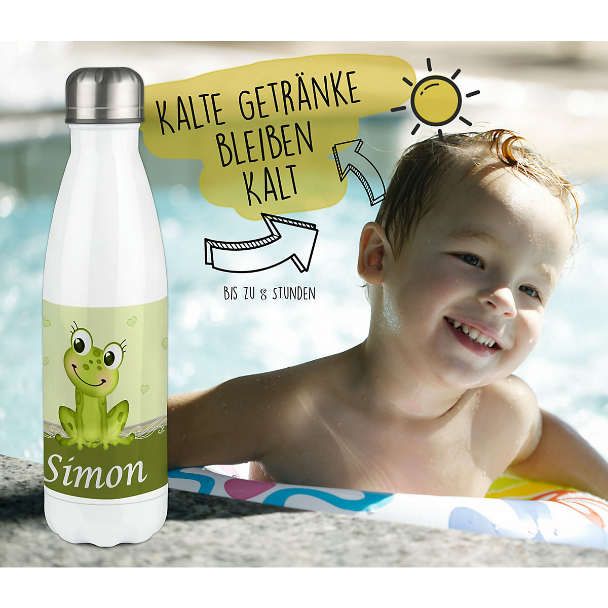 Edelstahl Kinder Thermoflasche / Trinkflasche bunt Frosch Spülmaschinenfest, Auslaufsicher, Bruchfest, Doppelwandig, Für Heißgetränke geeignet, Mit Deckel, Isoliert