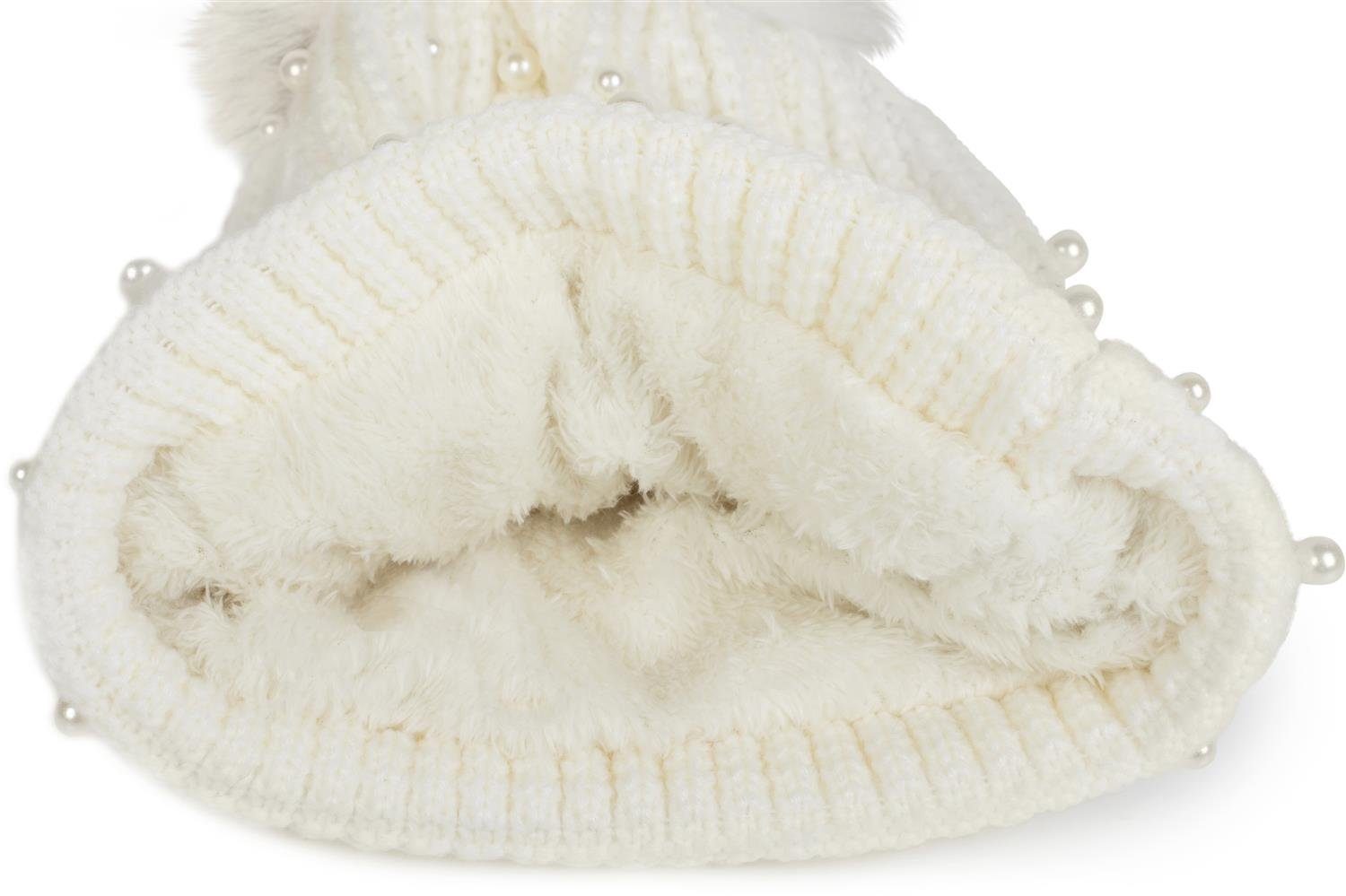 styleBREAKER Bommelmütze (1-St) Strick Bommelmütze mit Perlen und Fleece Futter